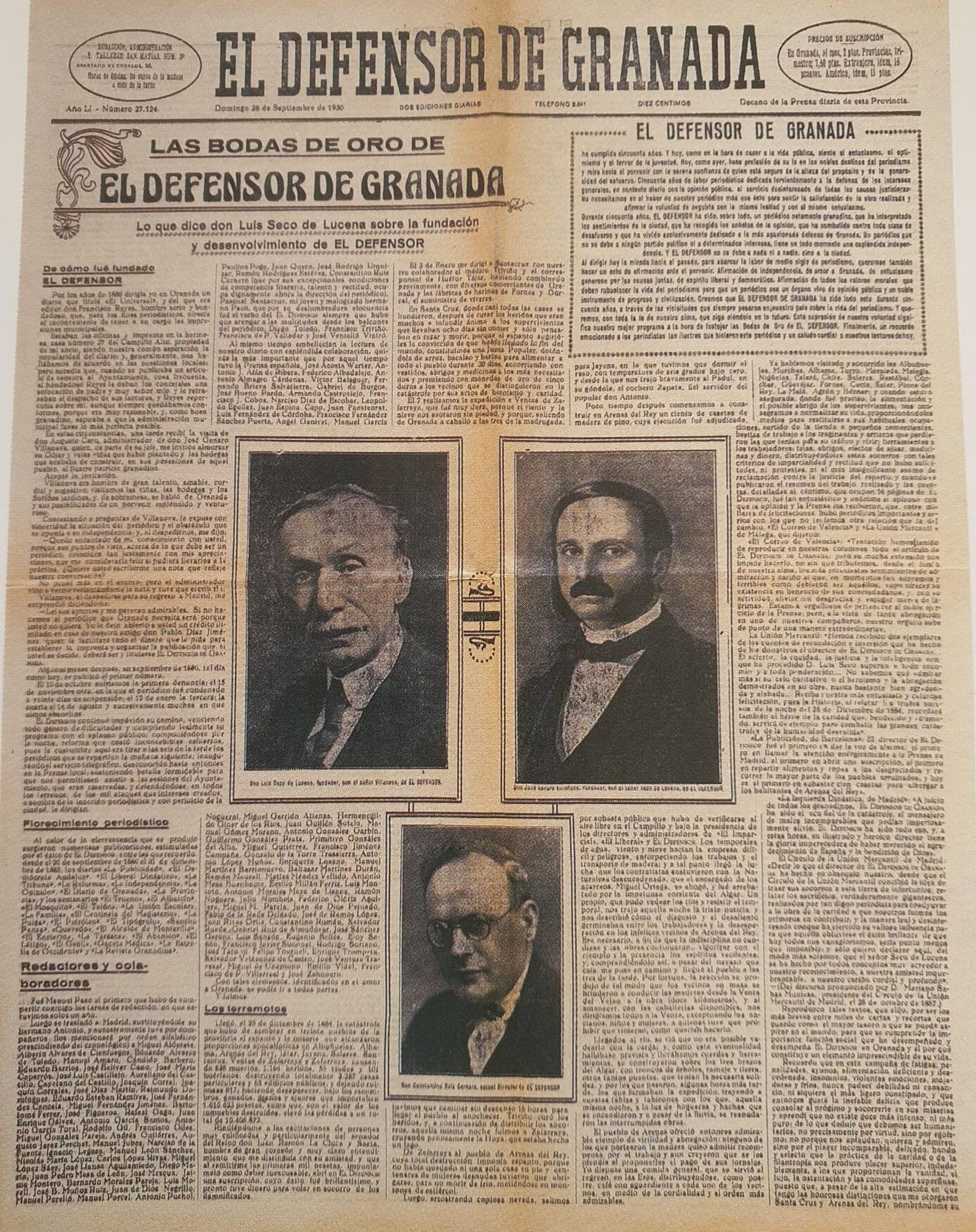 Portada de El Defensor en su cincuentenario. El ella se ve Luis Seco, José Genaro y Ruiz Carnero.