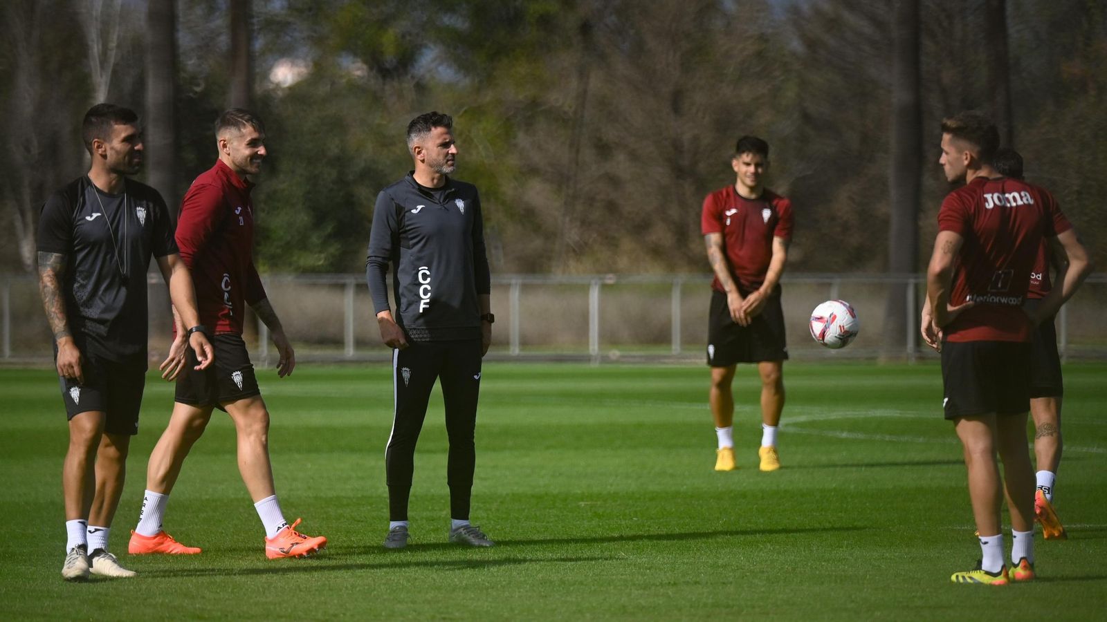 Iván Ania observa el trabajo de sus hombres en un entrenamiento del Córdoba CF.
