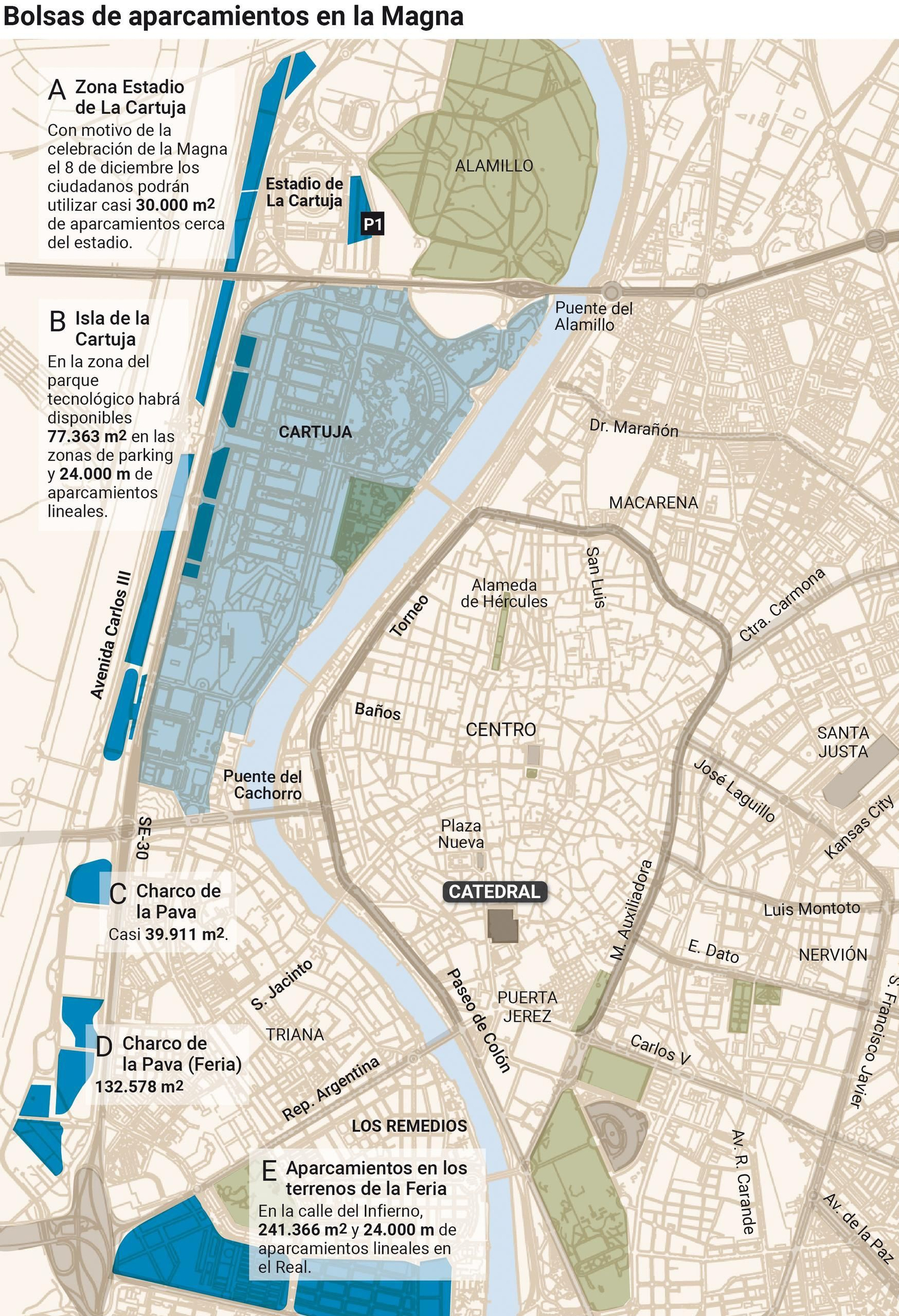 Dónde aparcar en la Magna. Fuente: Ayto. Sevilla