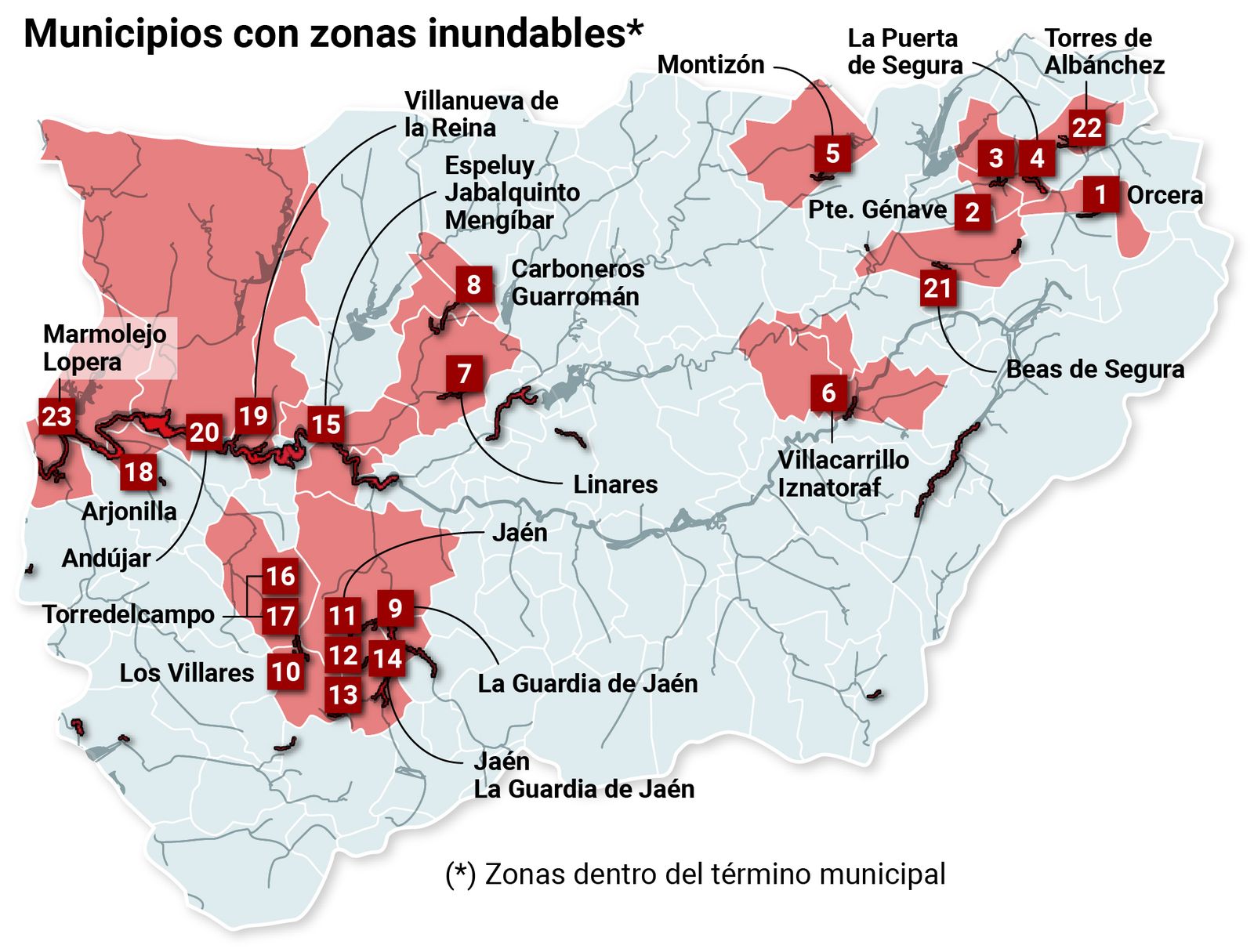 Municipios con zonas inundables en Jaén. Se añade 24 en Puente del Obispo, Baeza. Fuente: CHG