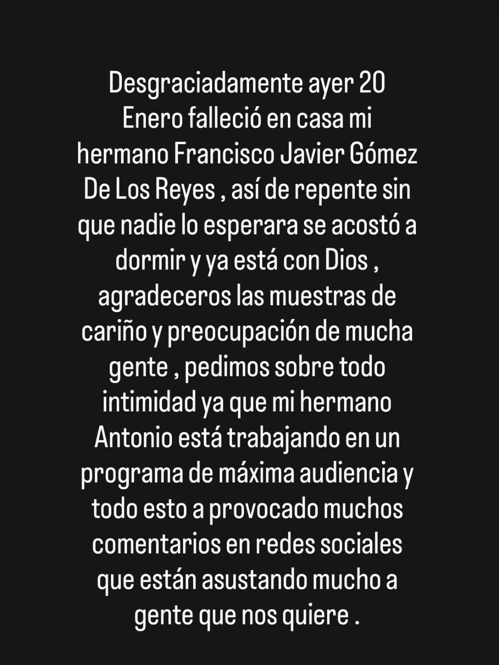 El comunicado en el perfil de Óscar, hermano de Antonio Canales