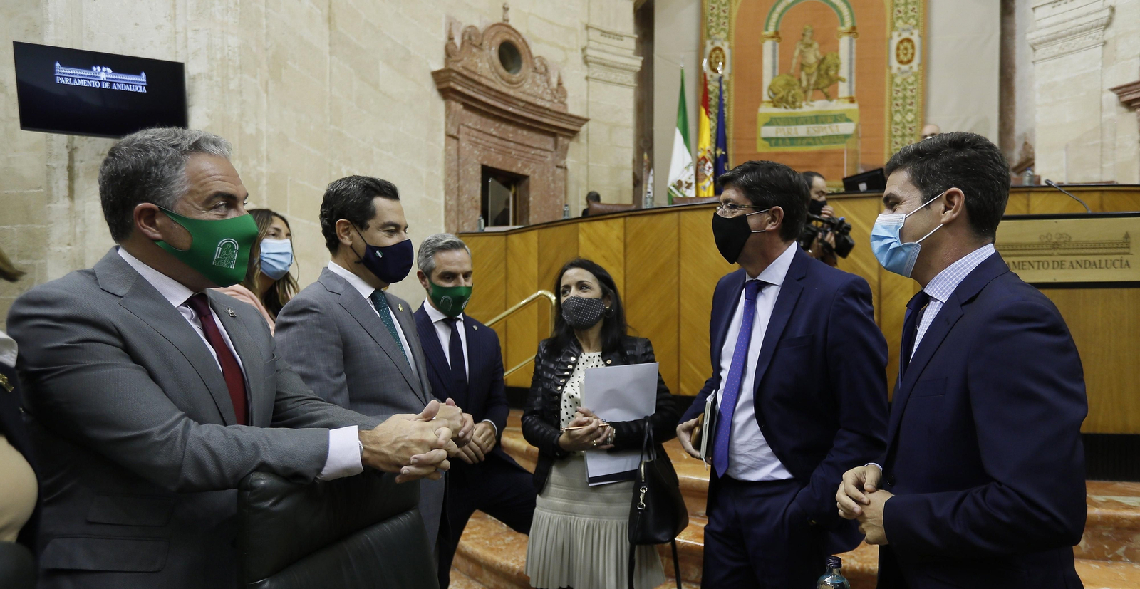 Elías Bendodo,  Juanma Moreno, Juan Bravo, Marta Bosquet, Juan Marín y Sergio Romero.