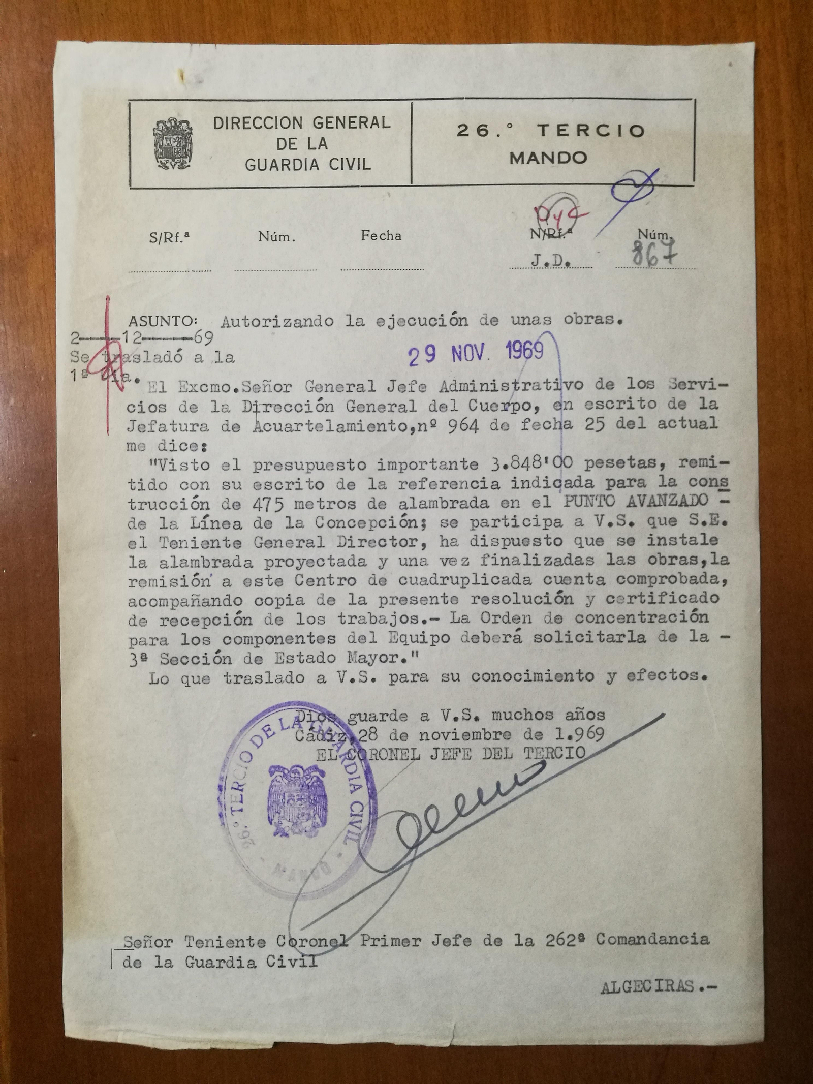 Escrito de la Guardia Civil autorizando instalación de alambrada en el “boquete” de Levante (1969).