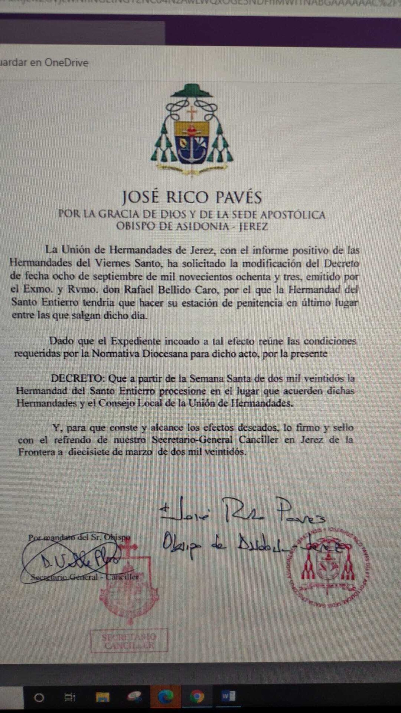 Decreto del obispo don José Rico Pavés.