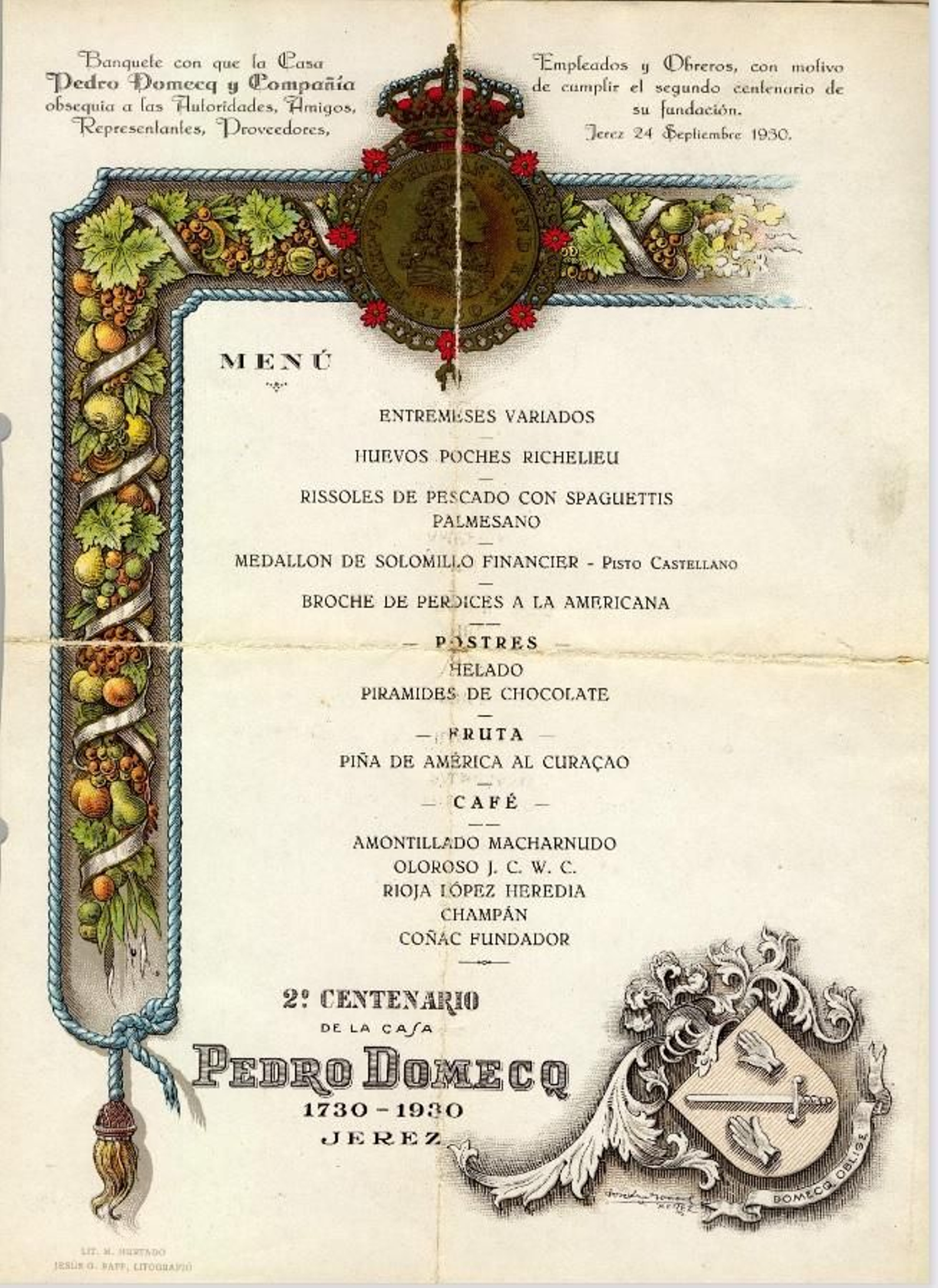 Menú ofrecido por las bodegas Domecq, 1930, diseño de José Luis Torres.