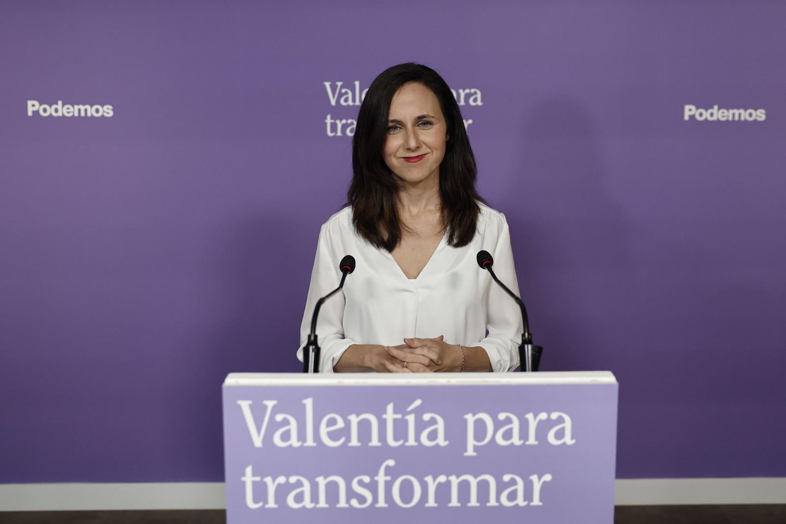 La secretaria general de Podemos y ministra de Derechos Sociales, Ione Belarra durante la rueda de prensa celebrada en la sede del partido en Madrid donde ha anunciado que los morados y Sumar, el proyecto de Yolanda Díaz, están trabajando ya "para que este espacio se presente unido a las elecciones".