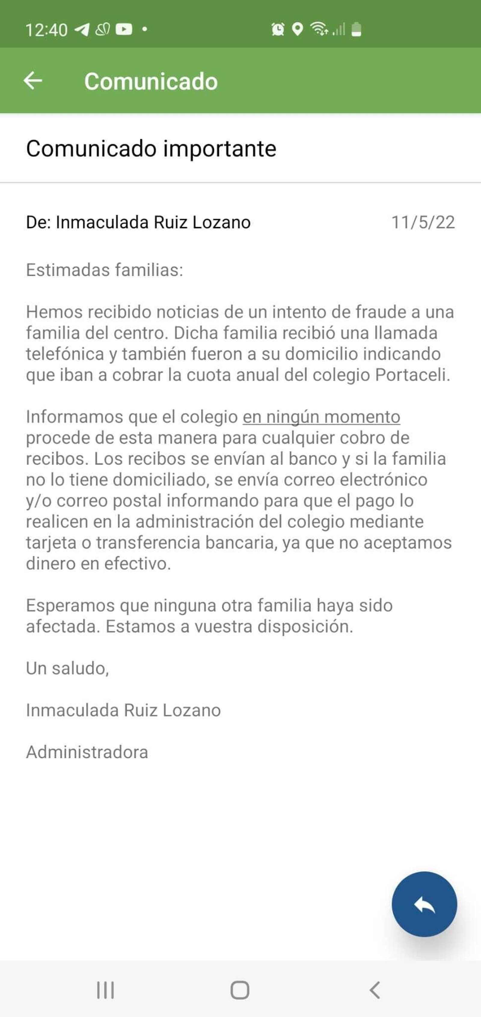 El comunicado enviado a las familias.