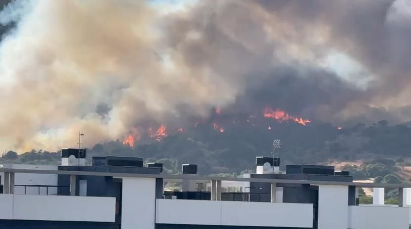 Desalojadas 60 viviendas y una carretera cortada por un incendio forestal en el paraje de la Albaida en Córdoba