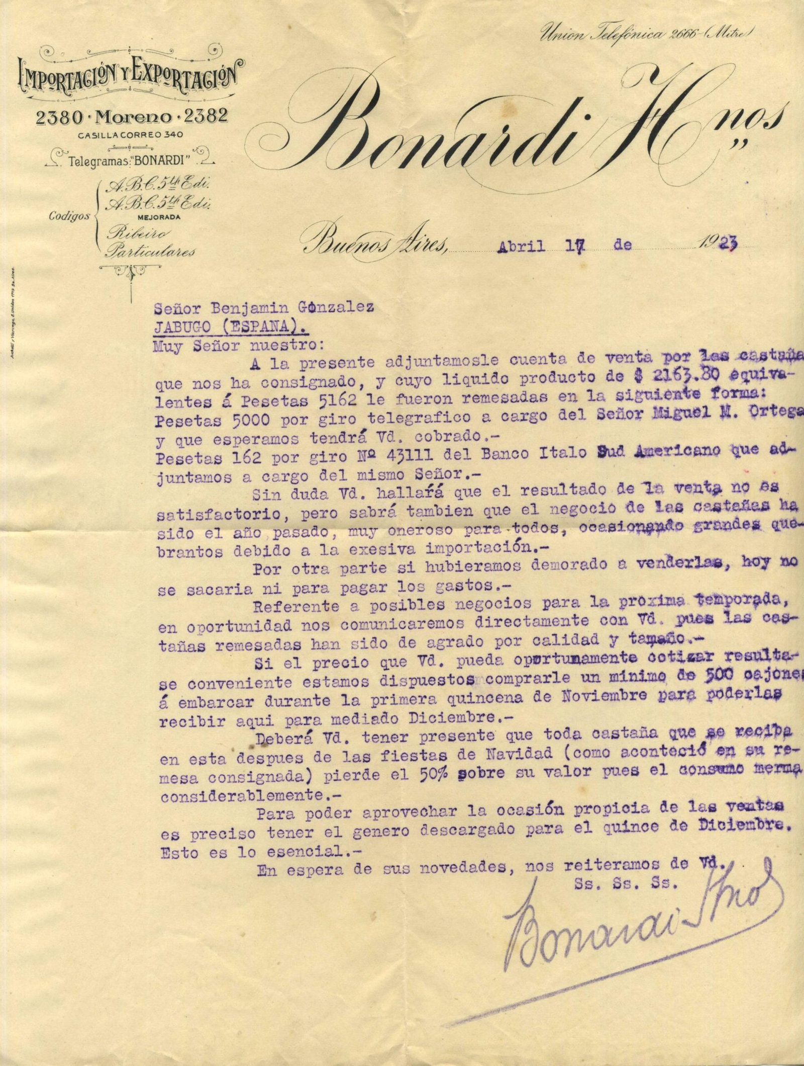 Buenos augurios para 1924 para las exportaciones de castañas a Argentina.