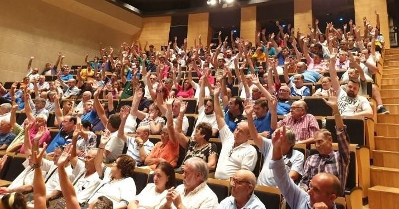Imagen de una de las votaciones a mano alzada de la asamblea celebrada esta noche.