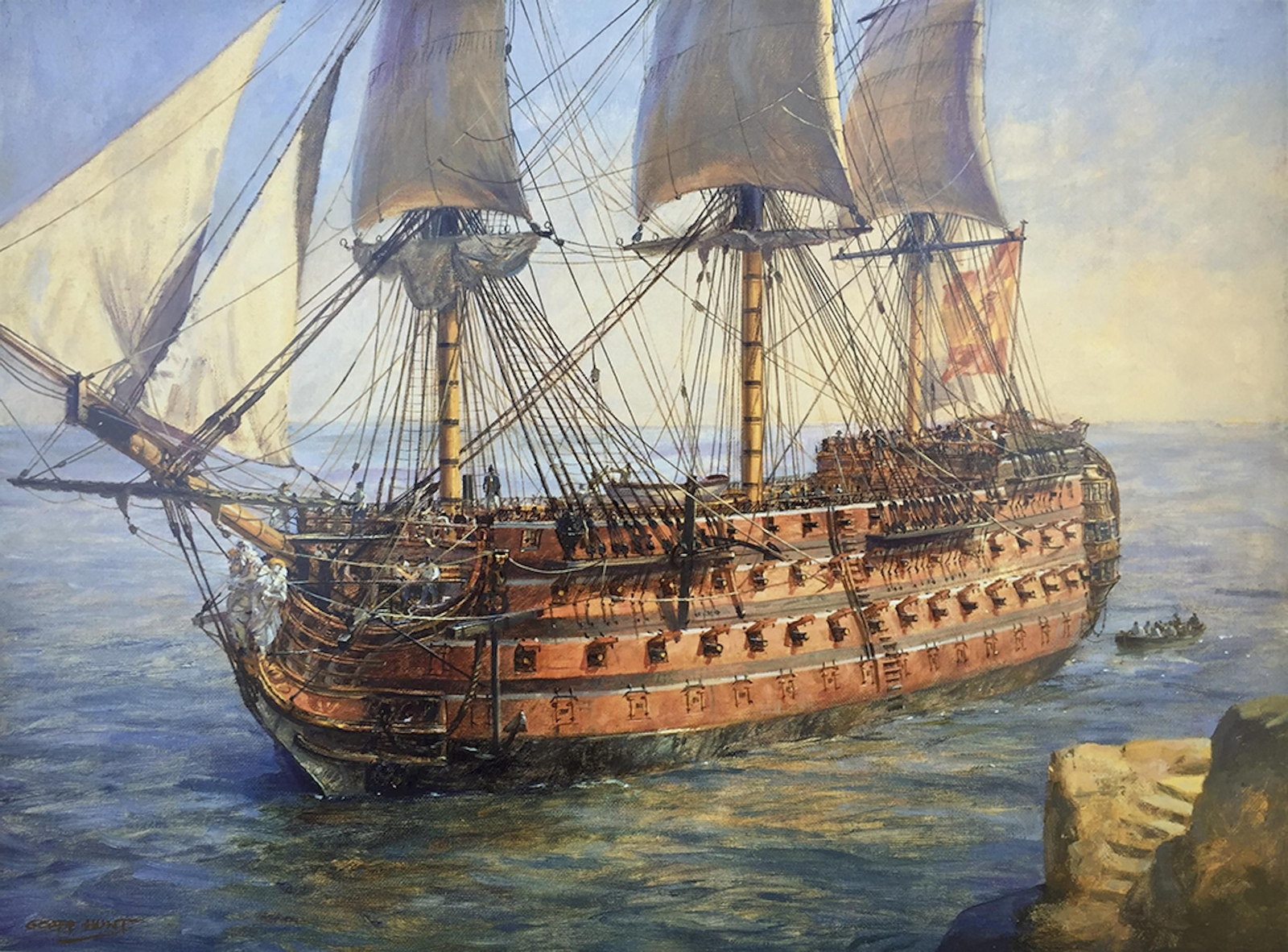 El ‘Santísima Trinidad’, pintado a franjas carmesí y negras, el aspecto que tenía en la batalla de Trafalgar. Pintura de Geoff Hunt.