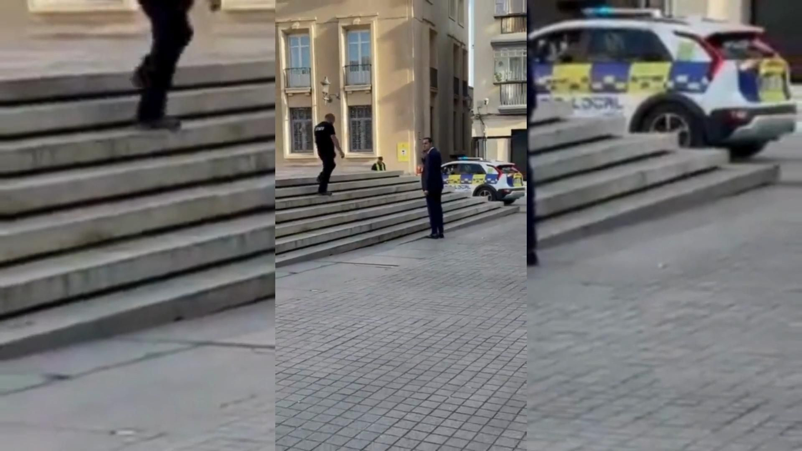 Juan Latorre subiéndose a un coche de la Policía Local de Jaén