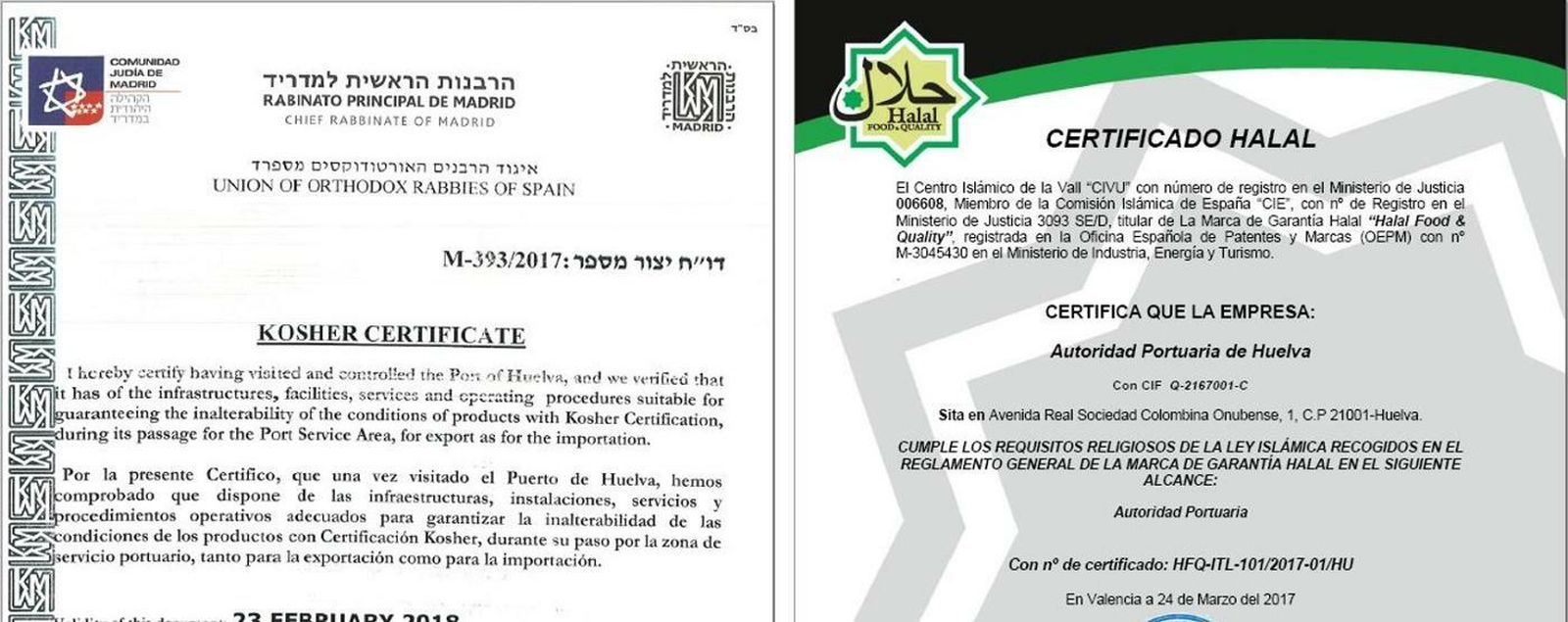 Certificaciones kosher y halal conseguidas por el Puerto de Huelva en 2017.