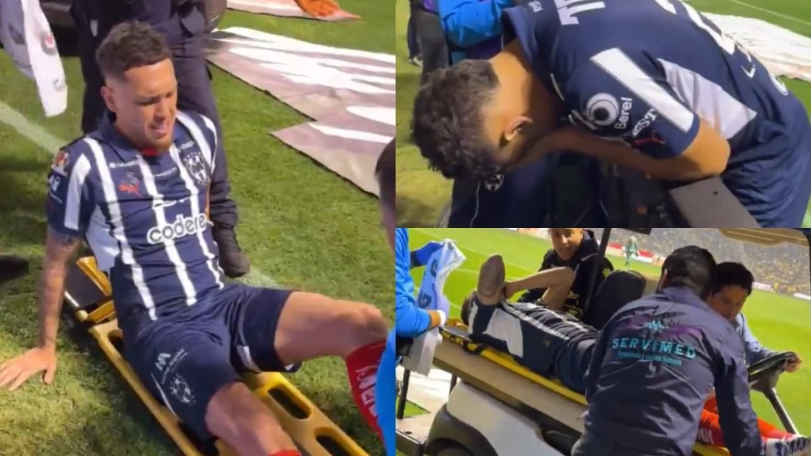 Lucas Ocampos tendido sobre el césped del estadio Azteca tras sufrir su grave lesión.