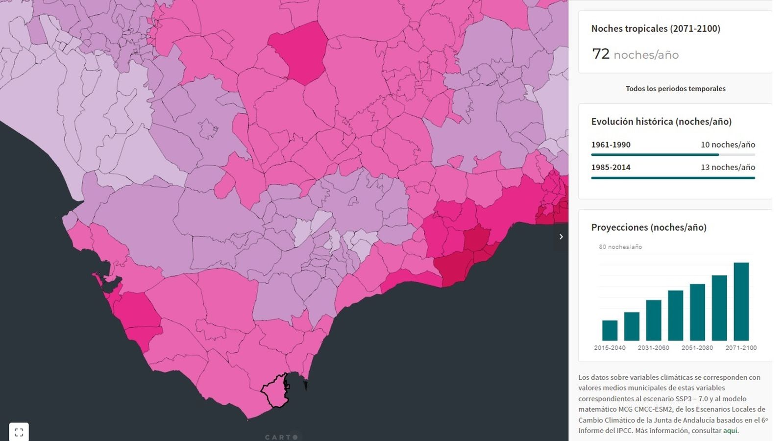 Las noches tropicales en el Campo de Gibraltar en 2100.