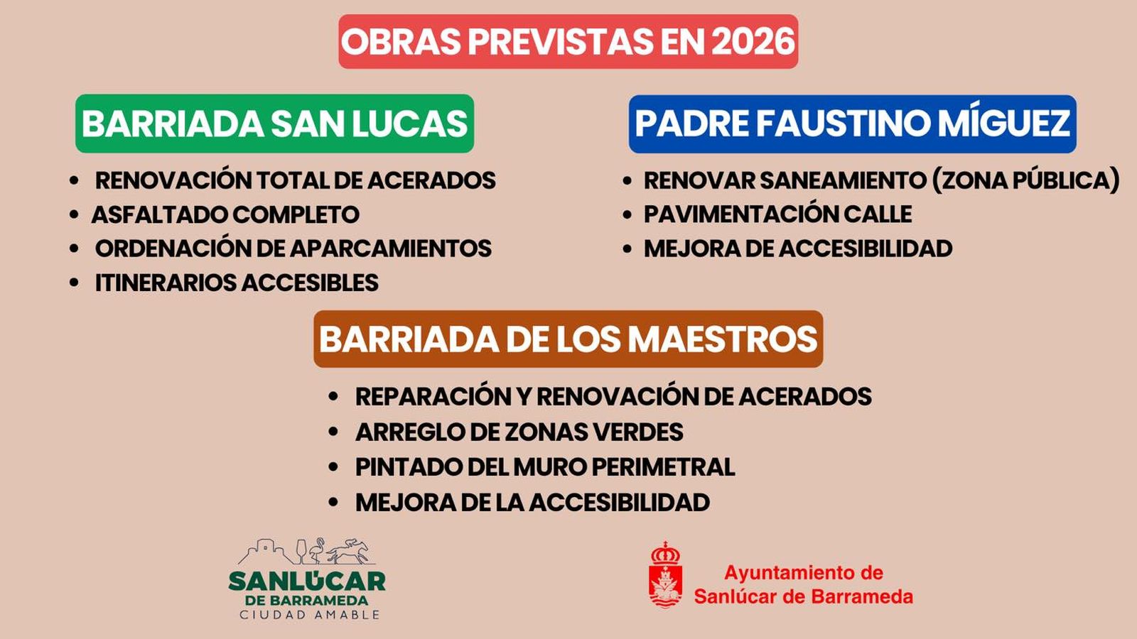 Obras que el Ayuntamiento de Sanlúcar prevé realizar en el 2026.
