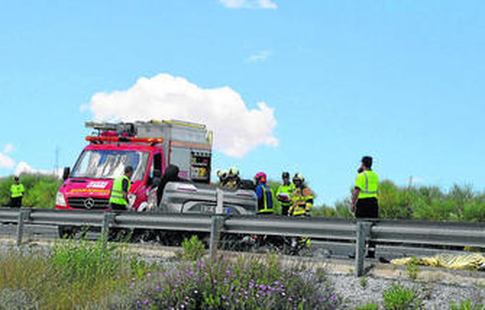Bomberos y la Guardia Civil en el accidente 'suicida' del martes en Cúllar que acabó con la vida de tres personas.