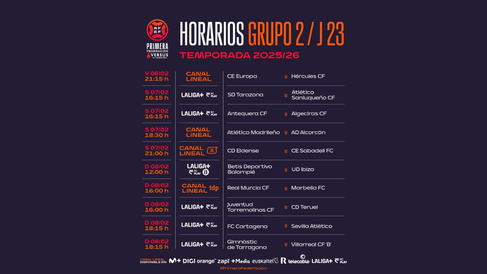 Los horarios de la 23ª jornada del grupo II de la Primera Federación.