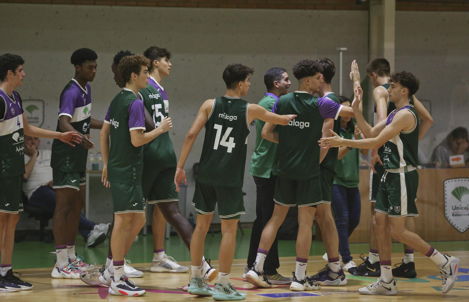 Los jugadores del Unicaja Mijas, en un tiempo muerto.