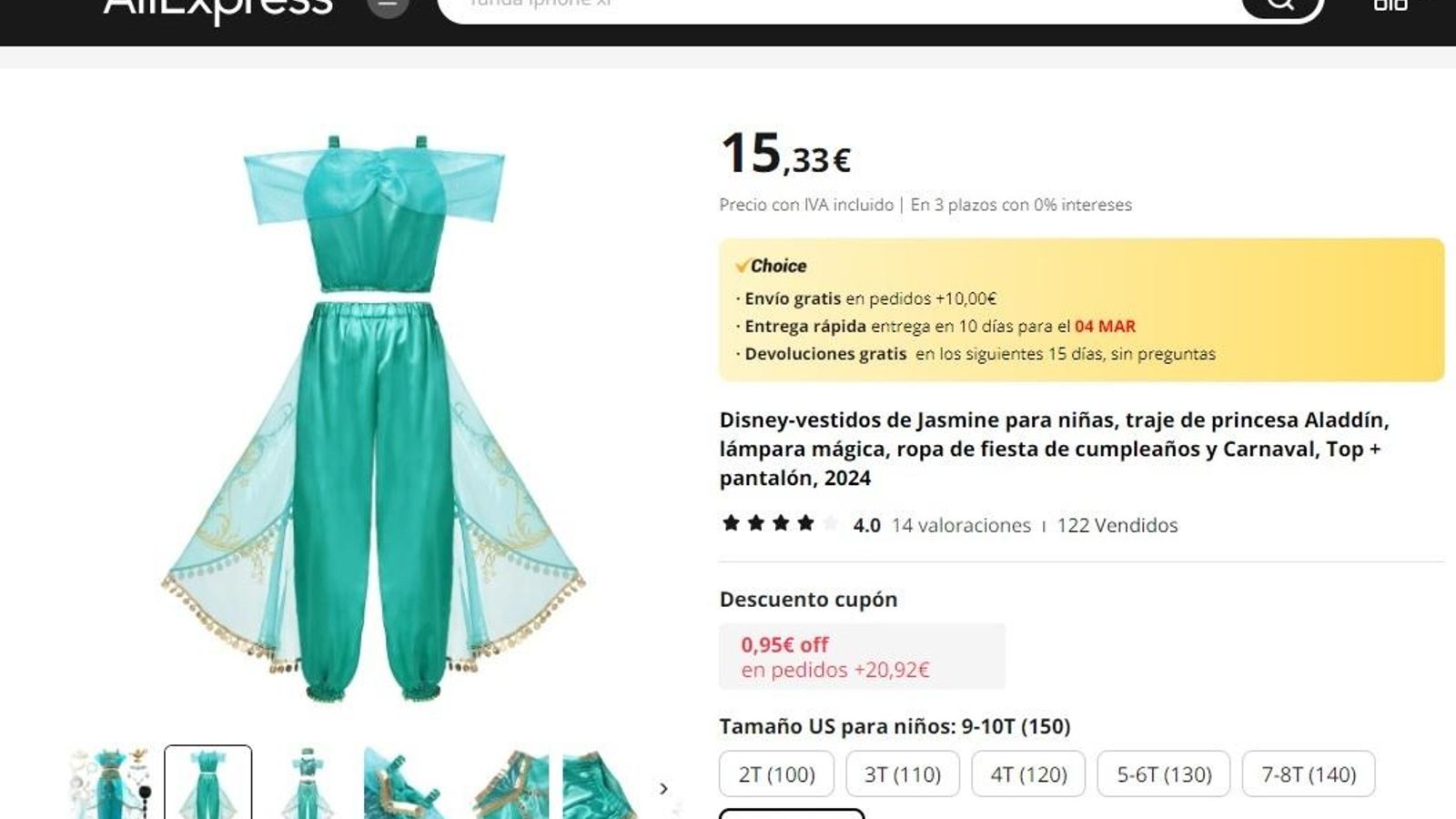 Disfraz de Jasmín en el portal chino de AliExpress.