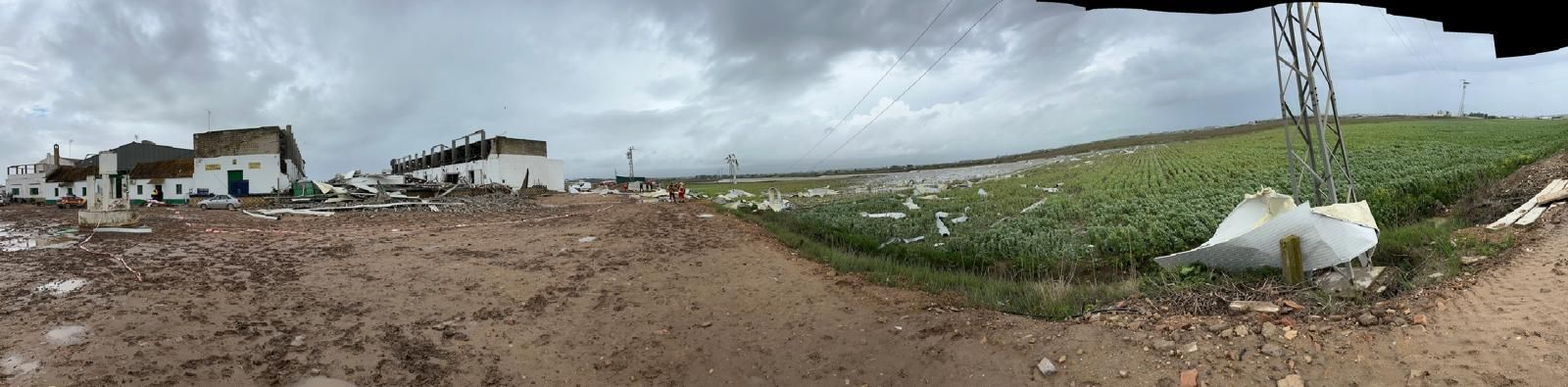 Las imágenes del derrumbe de una nave por el viento en Sevilla