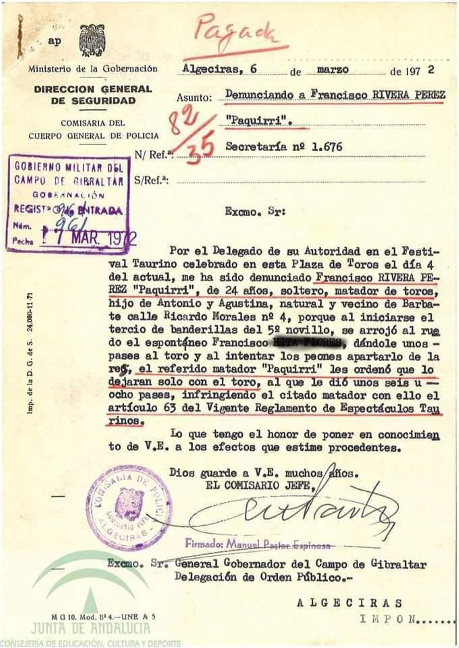 La multa impuesta a Paquirri.