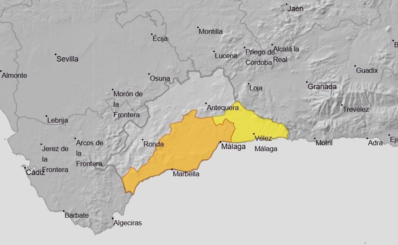 Mapa de alertas por calor en Málaga para el domingo 20 de julio.