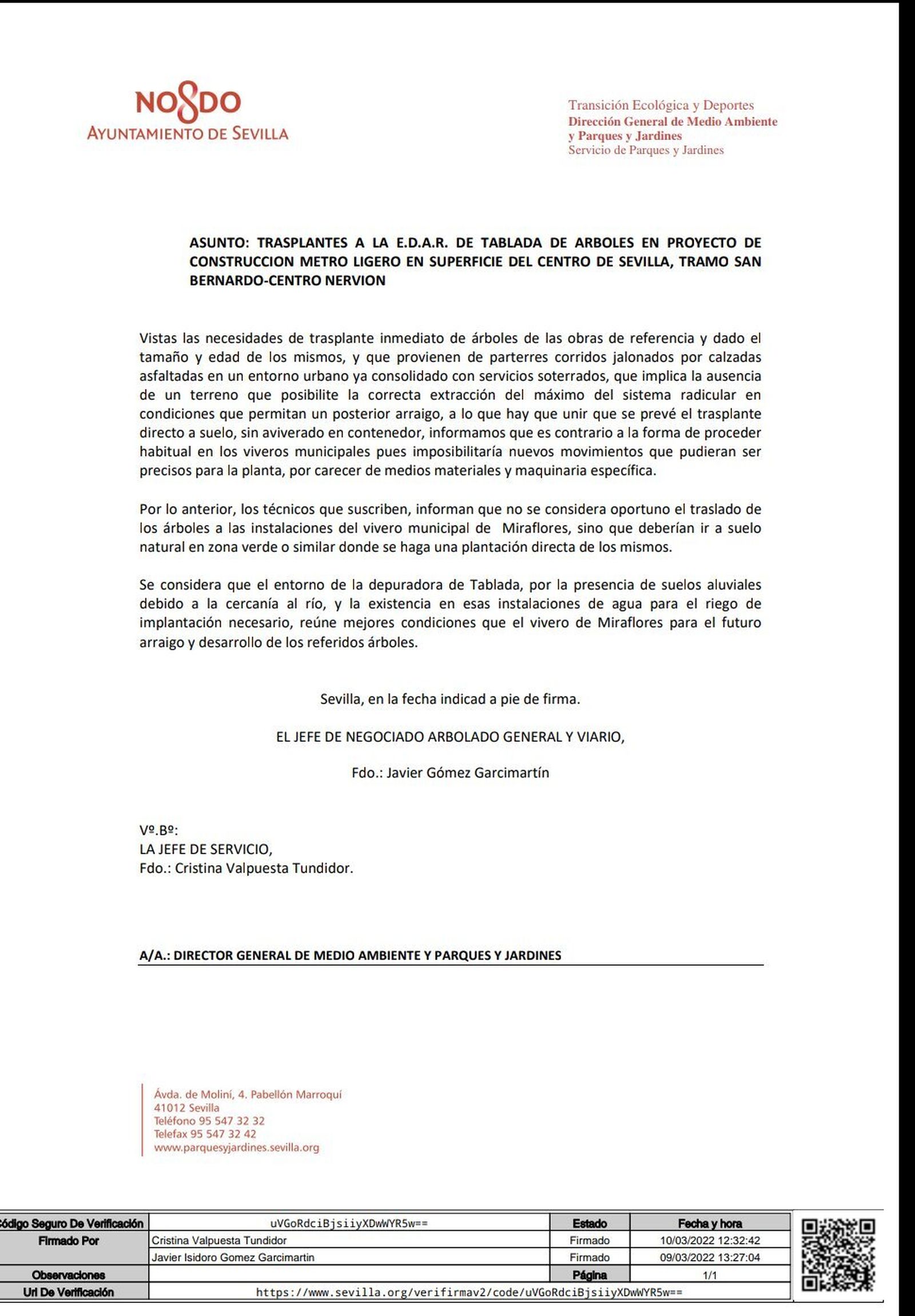 Informe de Parques y Jardines sobre el cambio de planes para los árboles de la obra del tranvía.