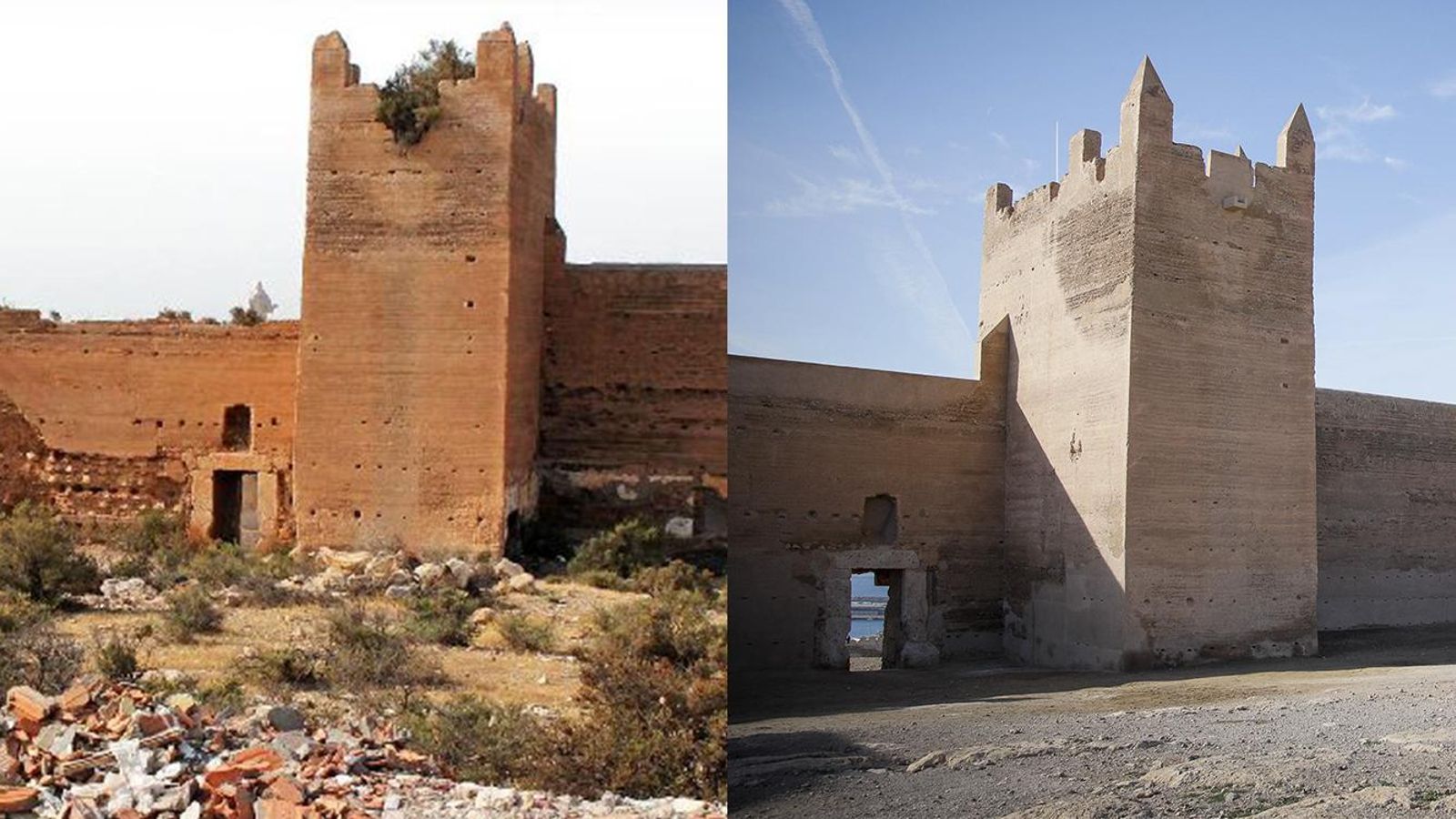 Antes y después de las obras de rehabilitación de la muralla.