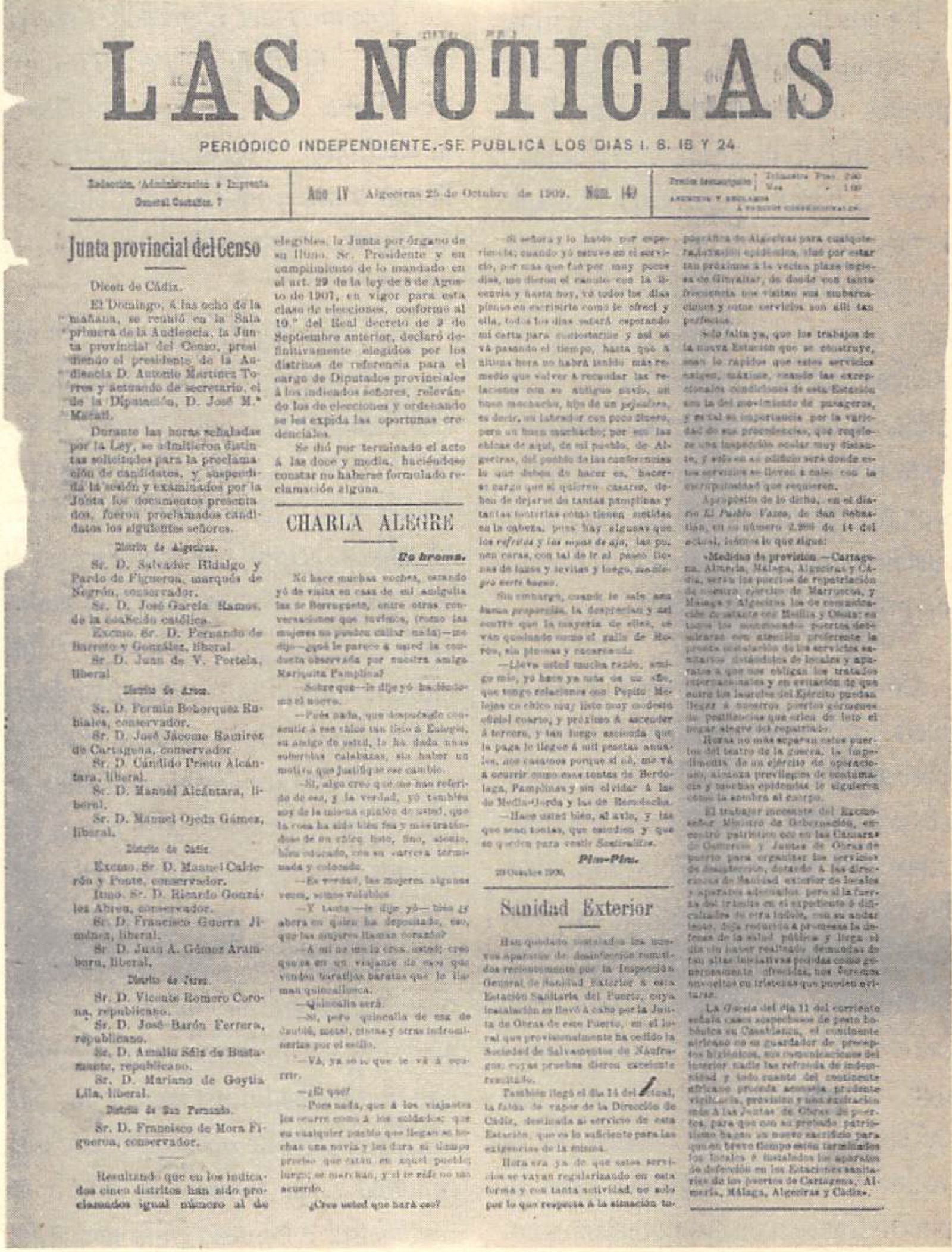 Portada del periódico Las Noticias, editado en Algeciras.