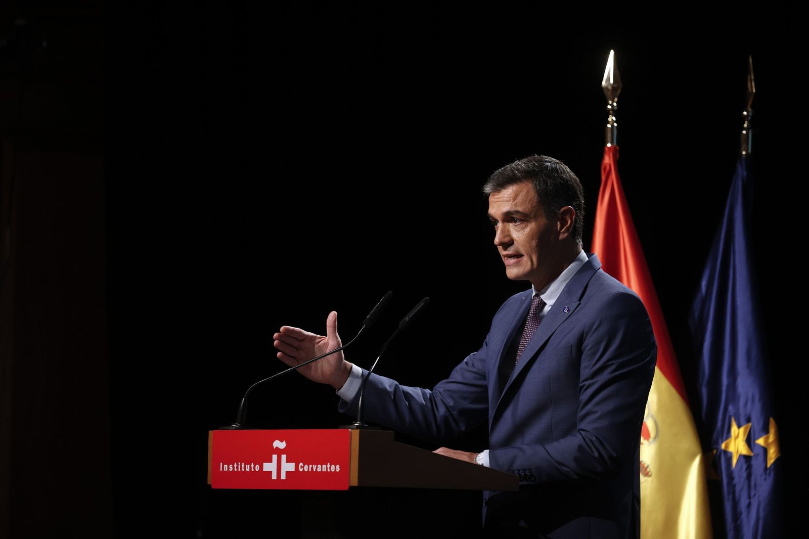 Pedro Sánchez en el acto organizado por el Instituto Cervantes.
