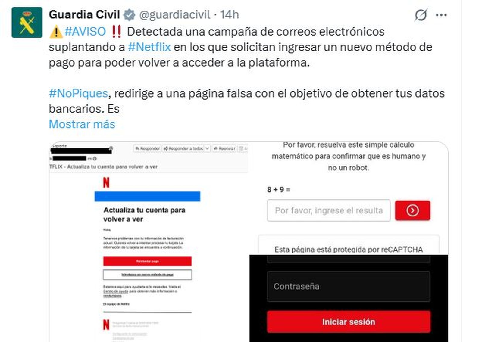Captura de la advertencia de la Guardia Civil en redes sociales.