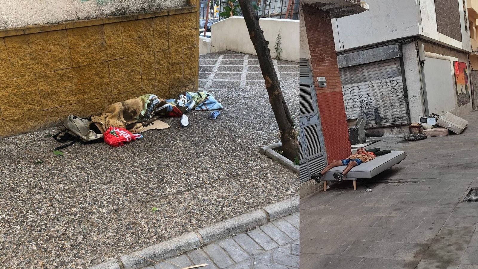 Indigentes y basura en calles del barrio de La Caridad, en Algeciras.