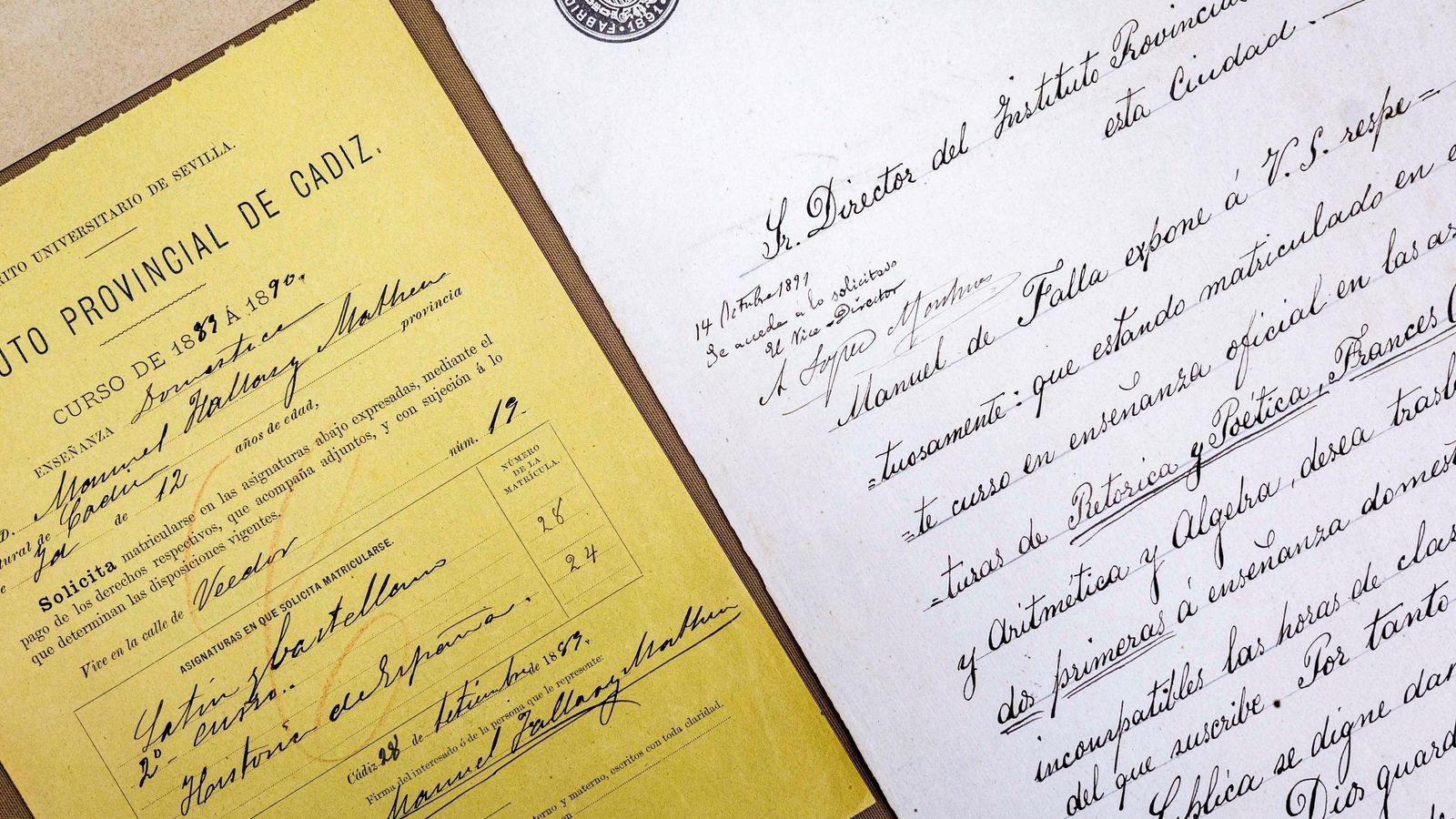 Expediente académico de Manuel de Falla, de los fondos del Instituto Columela. Expediente académico de Manuel de Falla, de los fondos del Instituto Columela.