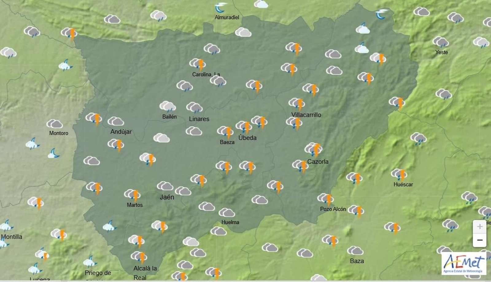 Mapa de tormentas previstas en Jaén para la jornada del viernes.