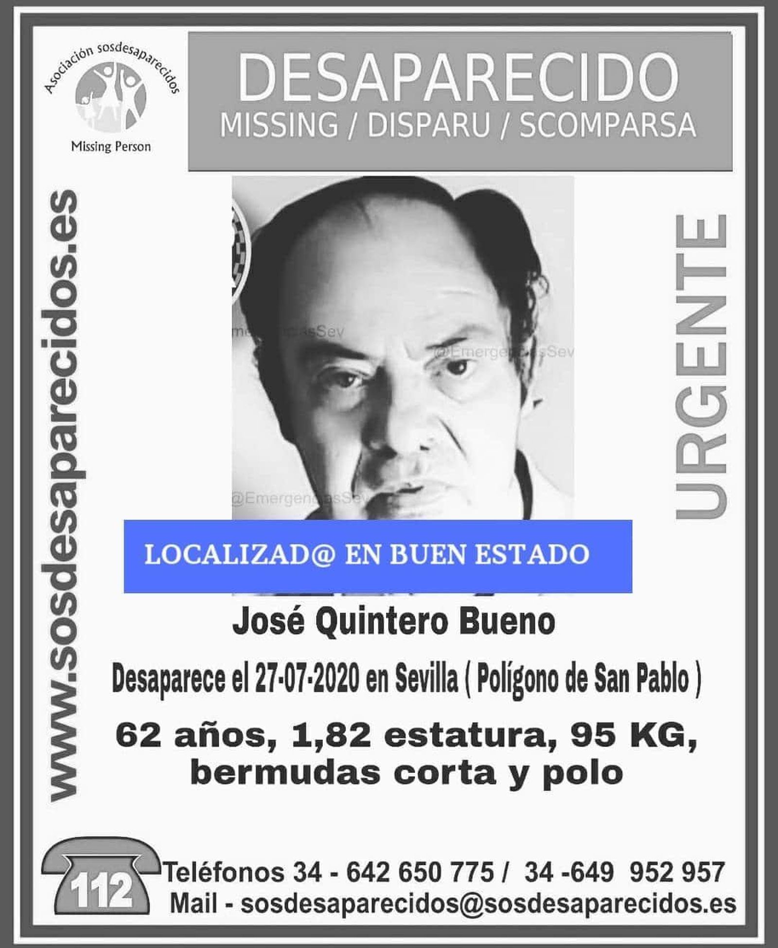 Localizado en buen estado el hombre de 62 años desaparecido en el Polígono de San Pablo