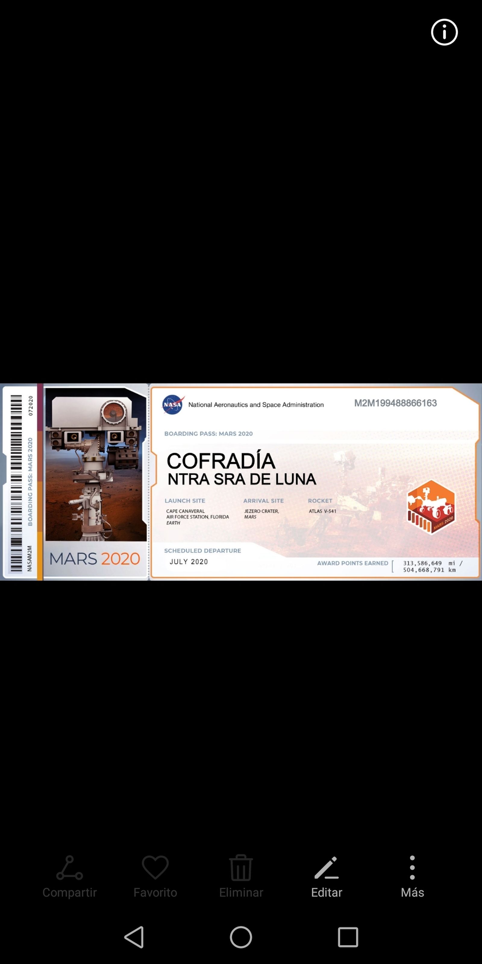 Billete con el nombre de la cofradía que llegará a Marte