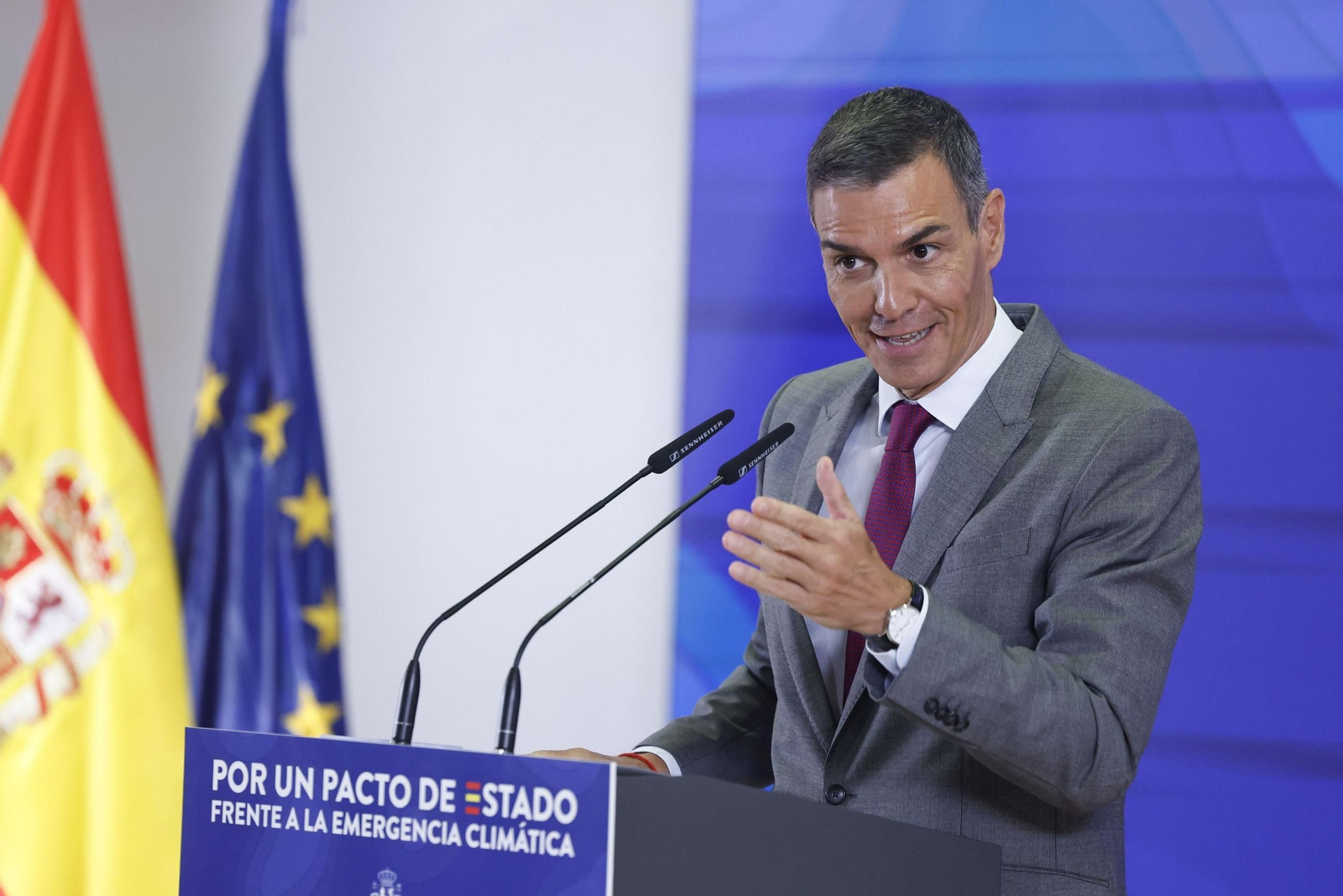 El presidente del Gobierno, Pedro Sánchez,  en el acto ‘Por un pacto de Estado frente a la emergencia climática’.