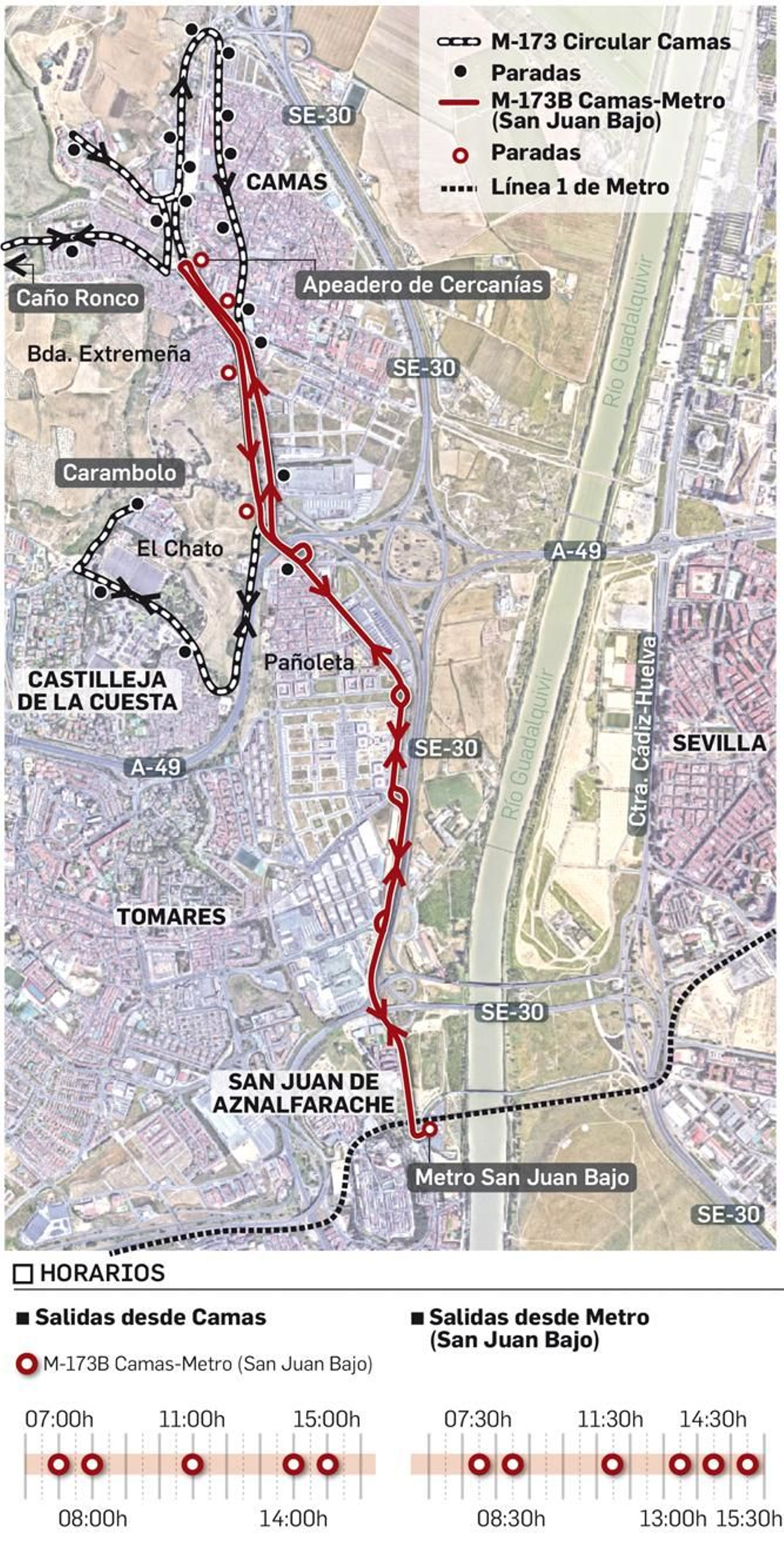 El recorrido de la lanzadera de Camas al Metro