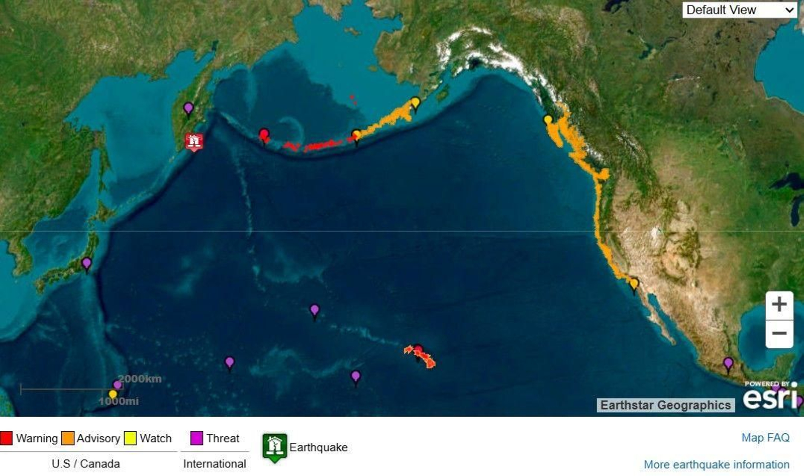 Imagen de las alertas desatadas en el Pacífico por el terremoto en Rusia.