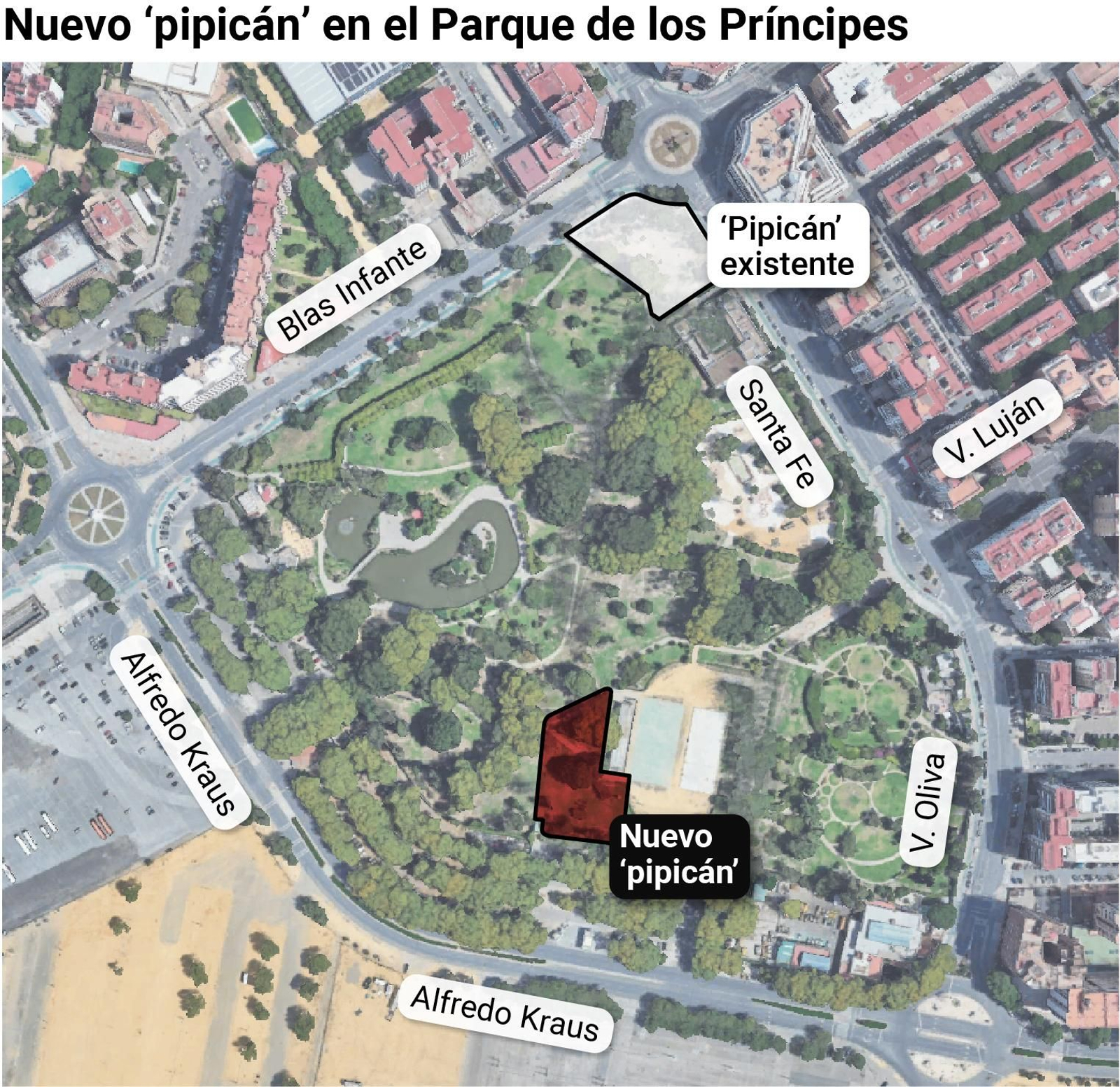 Mapa del Parque de los Príncipes con las dos ubicaciones del 'pipicán'.