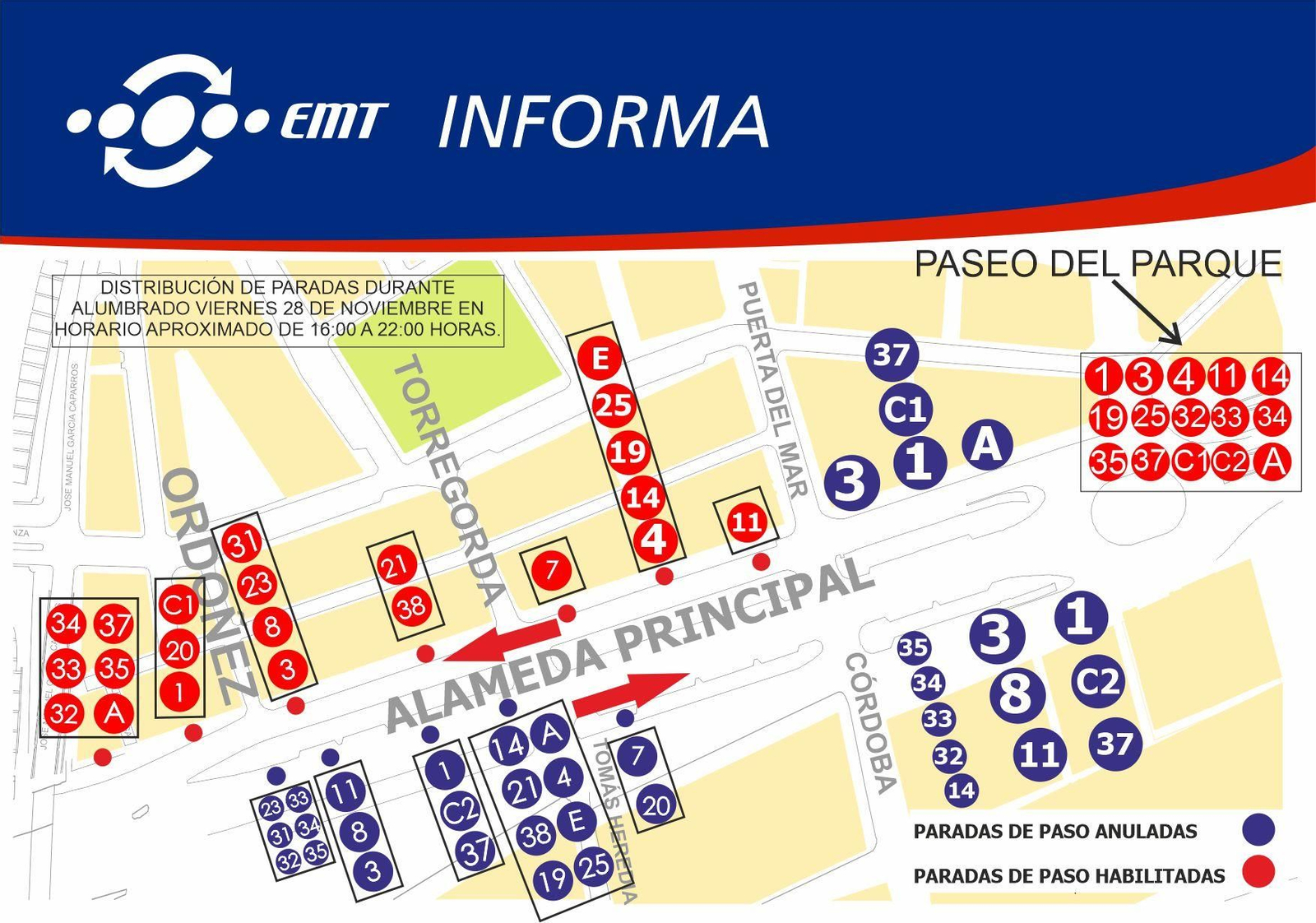 Mapa con la distribución de las paradas de autobuses durante el alumbrado de Navidad.