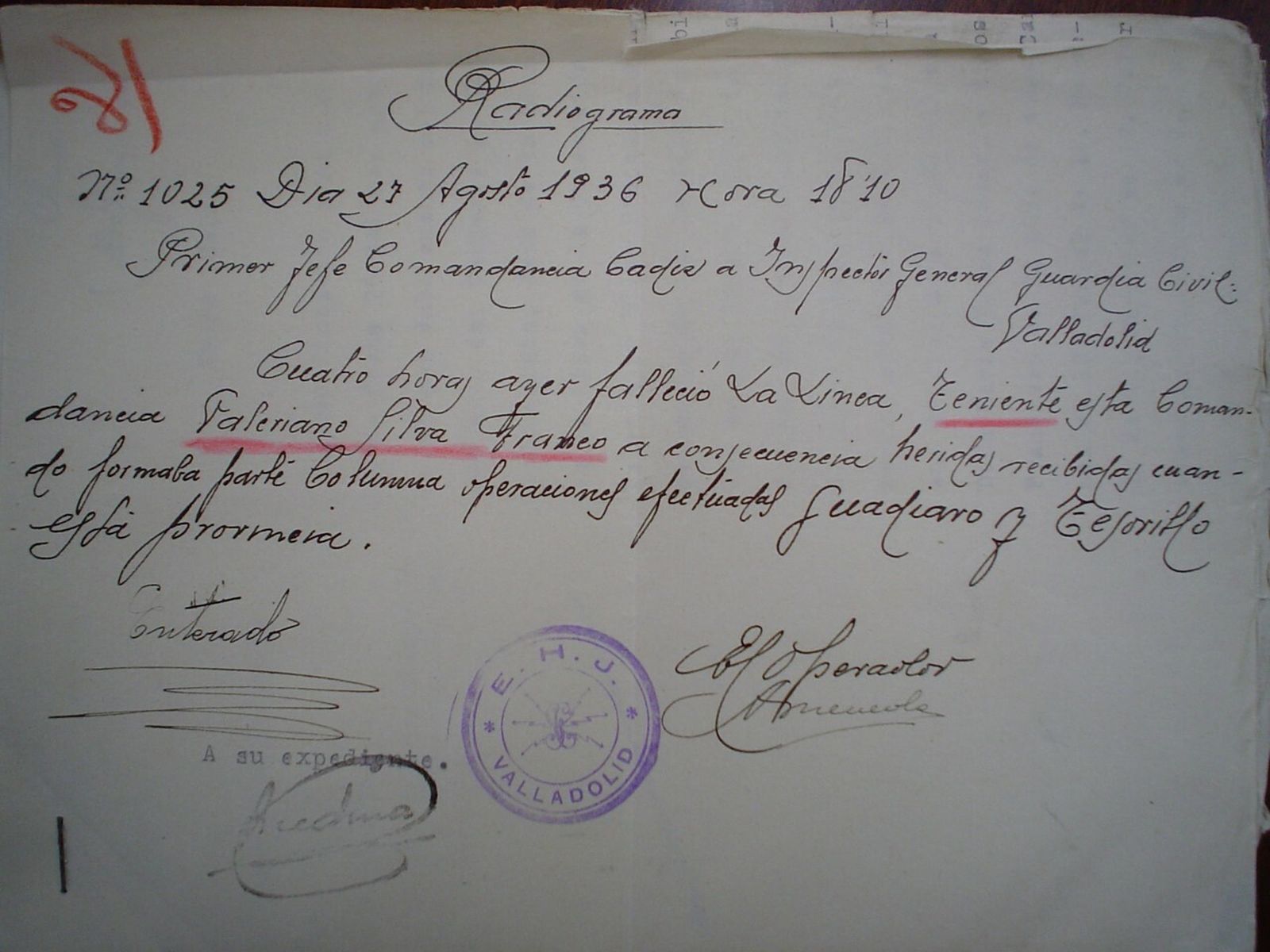 Radiograma comunicando la muerte del teniente Valeriano Silva Franco en agosto de 1936.