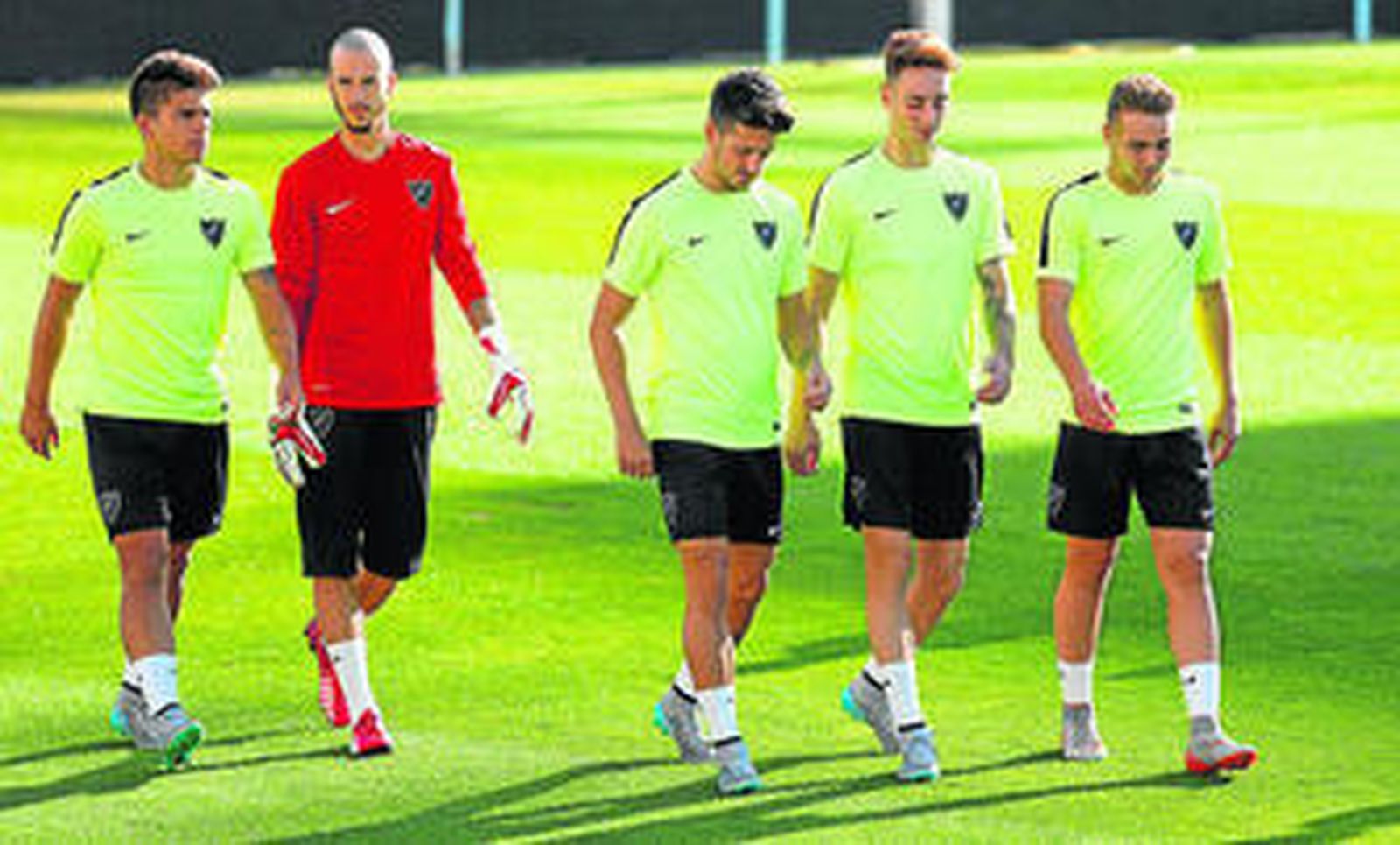 Kuki, Aarón, Iván, Calero y Ontiveros se retiran de un entrenamiento de esta semana en La Rosaleda.