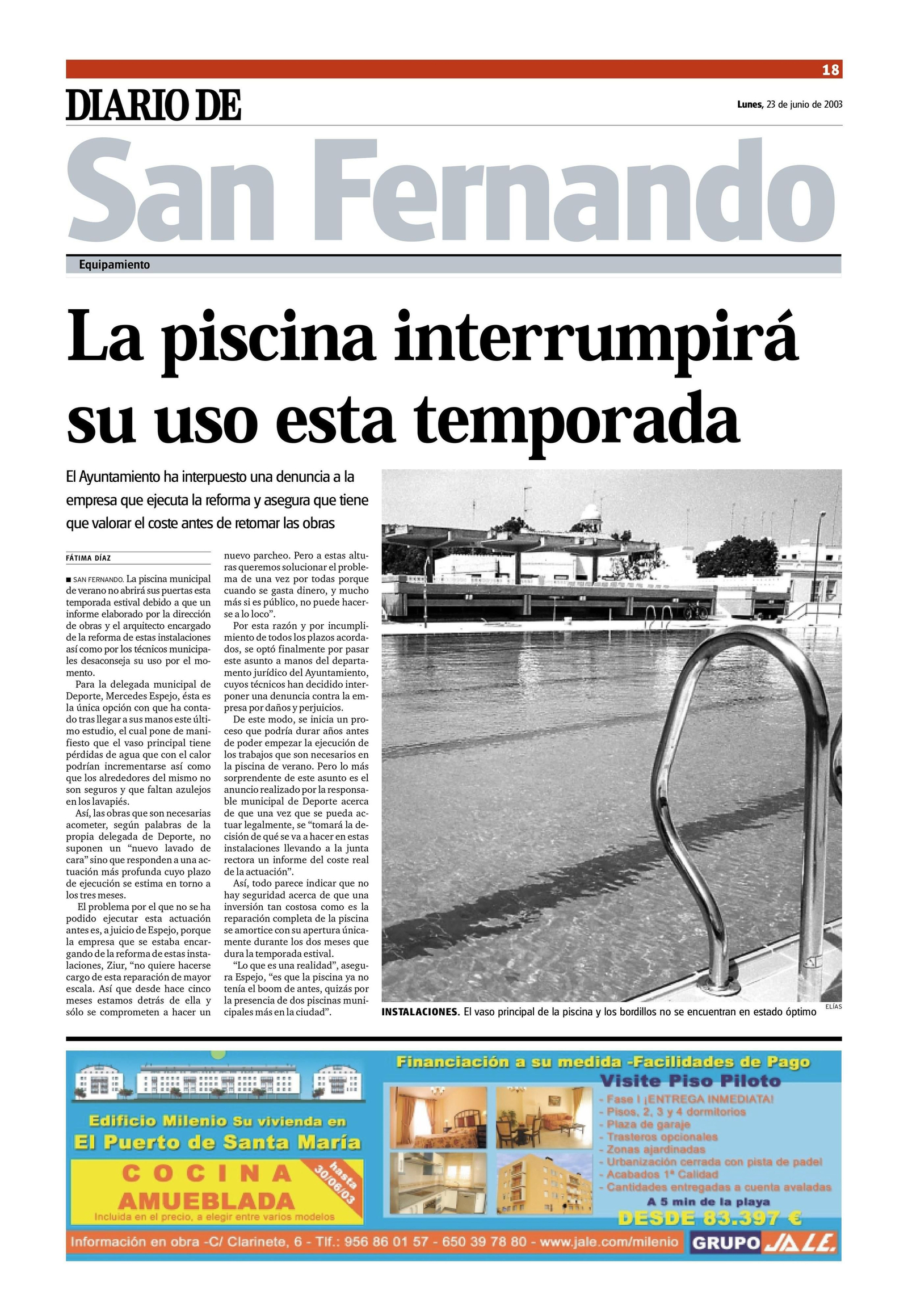 Recorte de prensa en el que se da cuenta del cierre de la piscina, el 23 de junio de 2003.