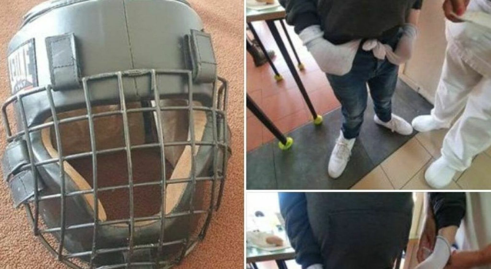 La máscara usada con el paciente, con las manos atadas