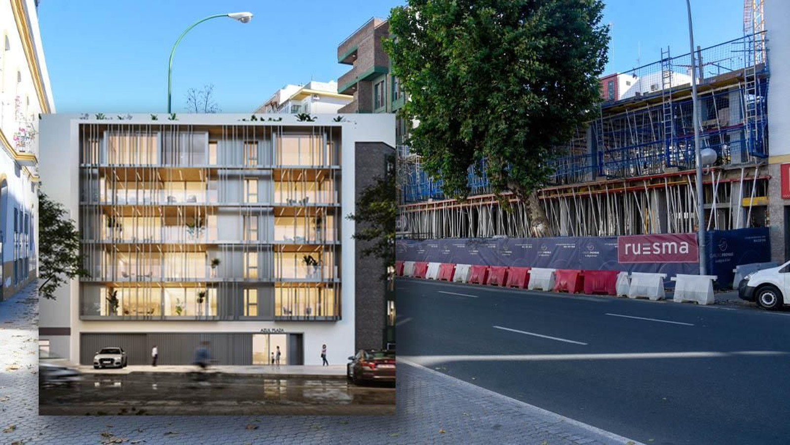 Estado actual de las obras, en el número 13 de la calle La Florida. A la izquierda, recreación del hotel.