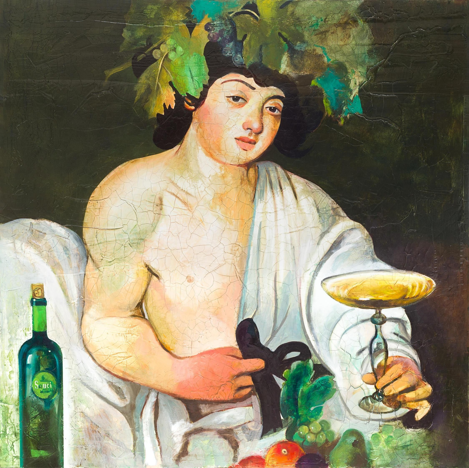 1. Uno de los cuadros más oscuros de Goya, Saturno devorando a su hijo, suavizado por el pincel de Víctor Pulido con un bocata de grandes dimensiones. 2-3. Varios grabados de Rembrandt, reproducidos en la parte seria de la muestra, según Pulido, para "dar veracidad" al conjunto. 4. Baco, de Caravaggio, con una botella de vino del Condado de Huelva, en vez de la jarra de vidrio romana. 5. Presentación de ayer con Víctor Pulido y la vicepresidenta de la Diputación, María Eugenia Limón.