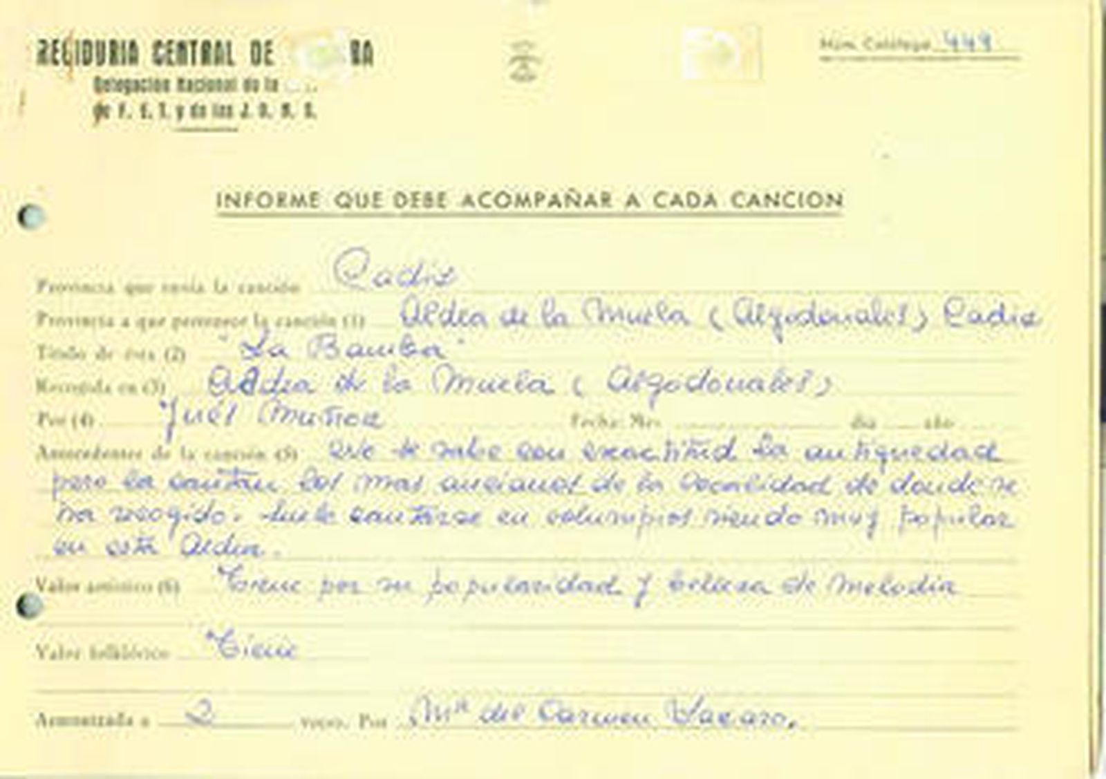 1. Grupo folclórico femenino. 2. Boceto de traje típico gaditano. 3. Modelo de ficha que servía para la recogida de datos sobre cada canción, un informe obligatorio que expedía la llamada Regiduría Central de Cultura de Falange. La de la imagen corresponde a la canción 'La bamba', de 1960 y recogida en Algodonales.