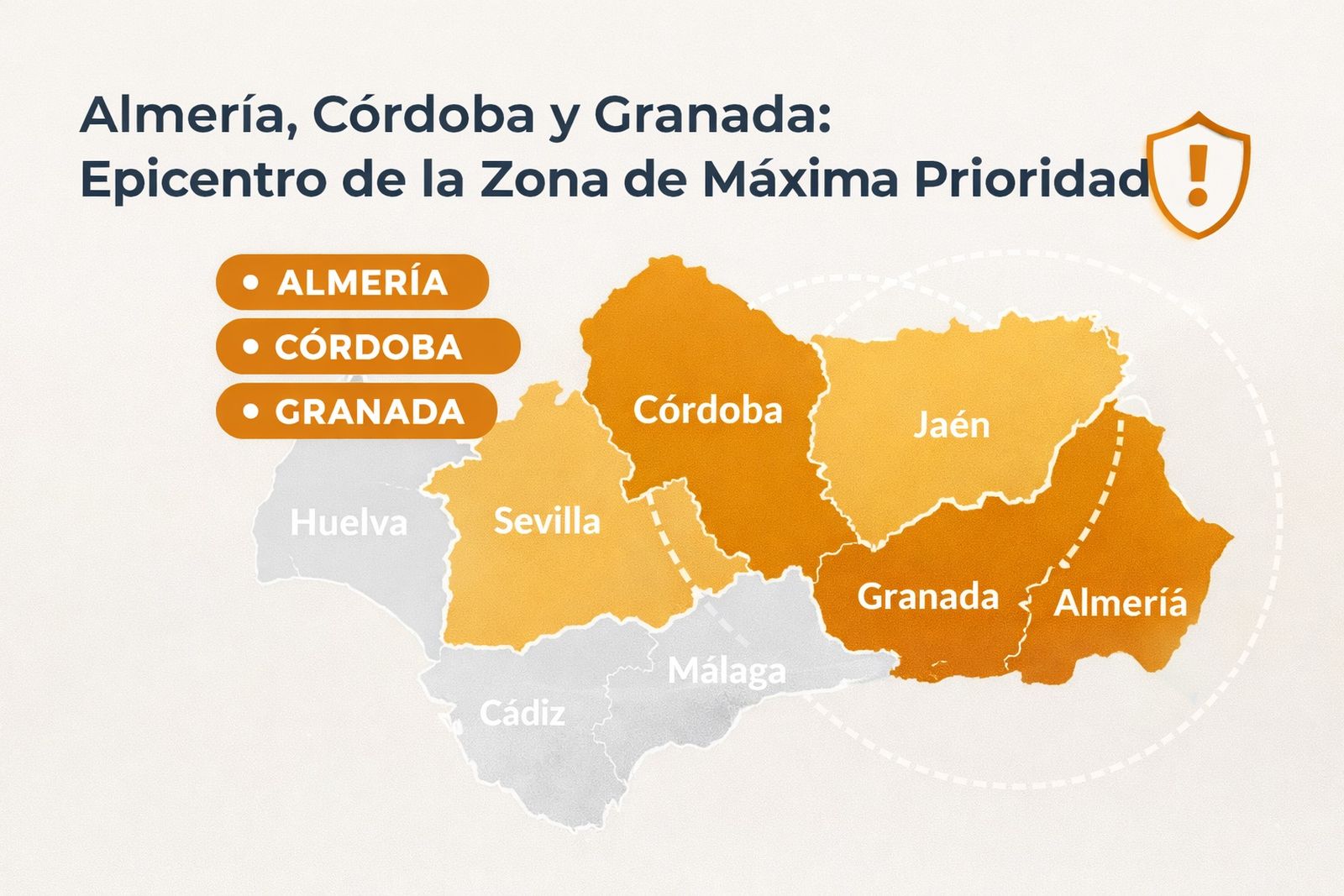 Mapa de Andalucía con las provincias de Almería, Córdoba y Granada como núcleo de la zona de máxima prioridad en la medición de radón.